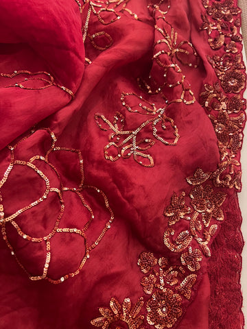 Chilli red pure silk organza saree