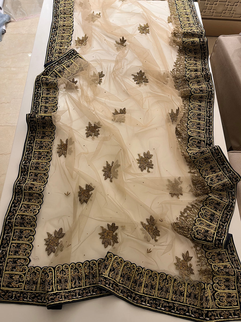 Beige Net & Velvet Saree