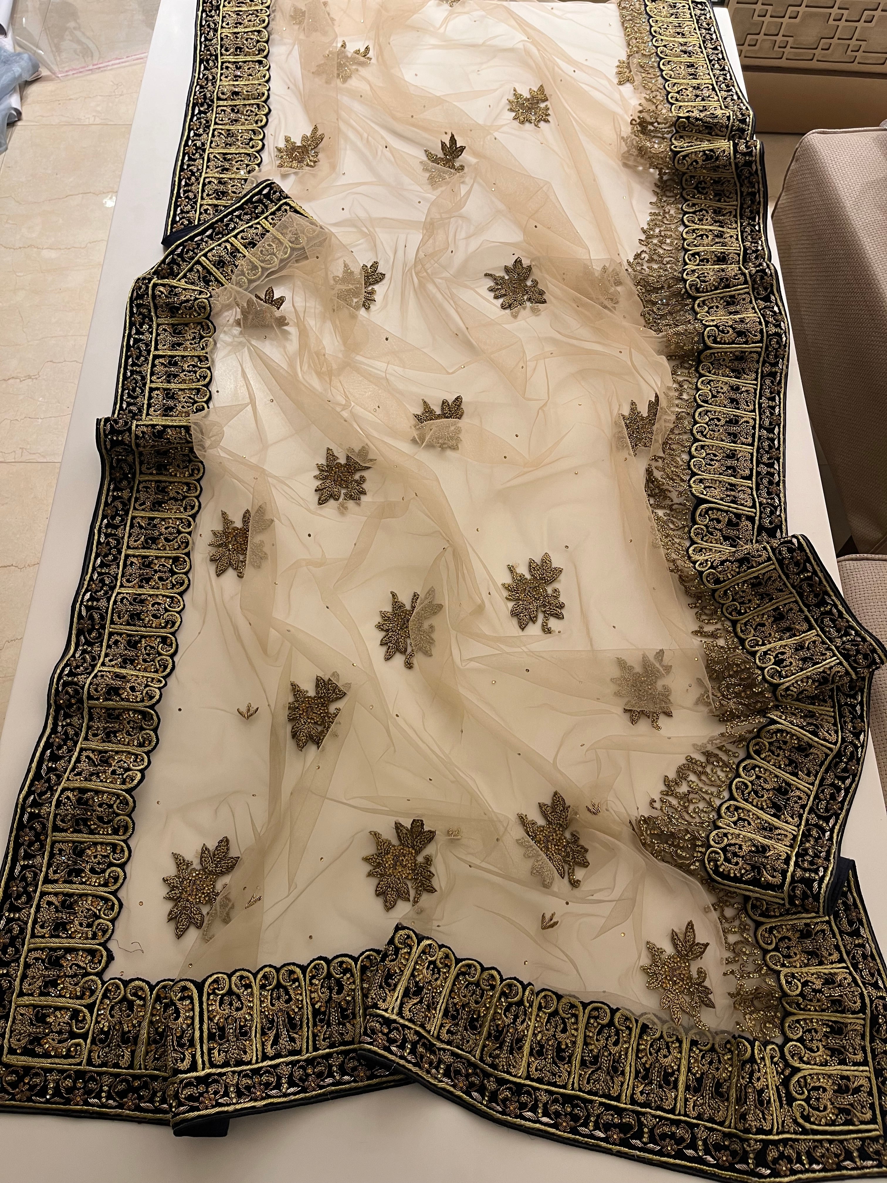 Beige Net & Velvet Saree