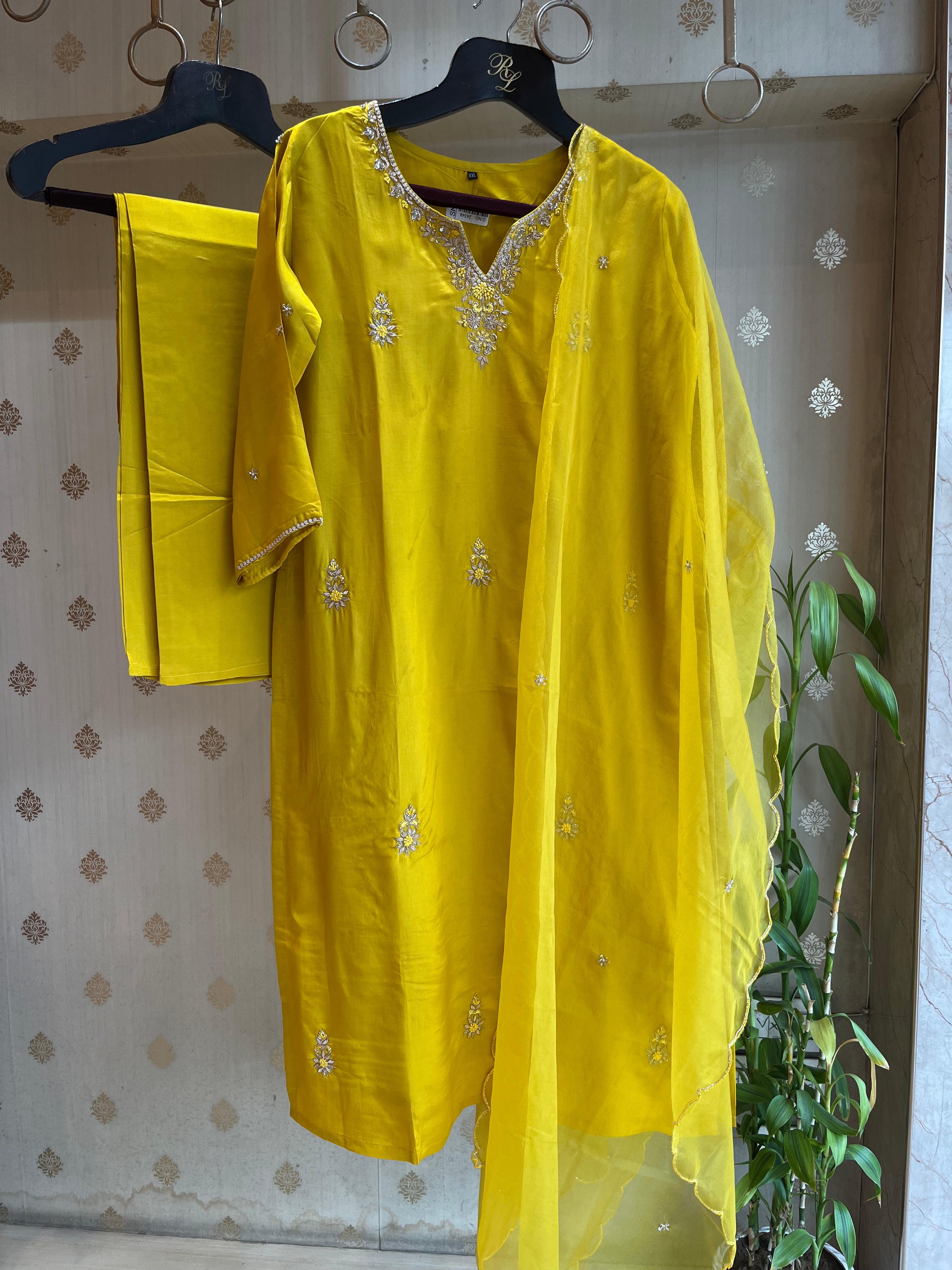 Mustard Yellow Silk Straight Suit Set