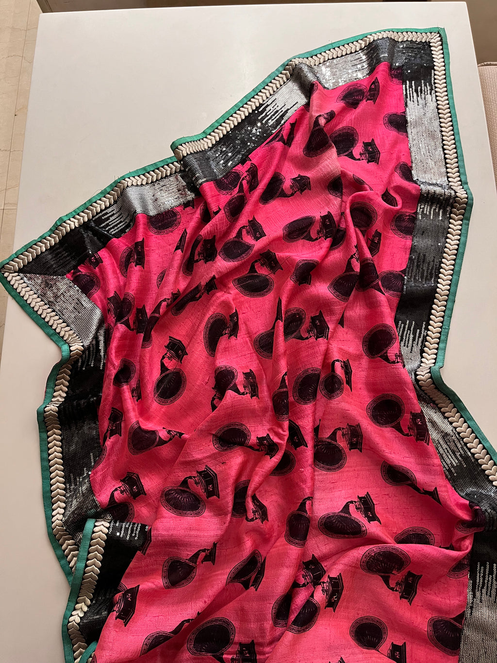 Hot pink silk modern print half half saree