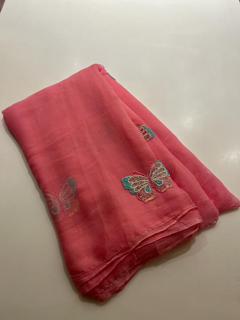 Strawberry pink chiffon saree