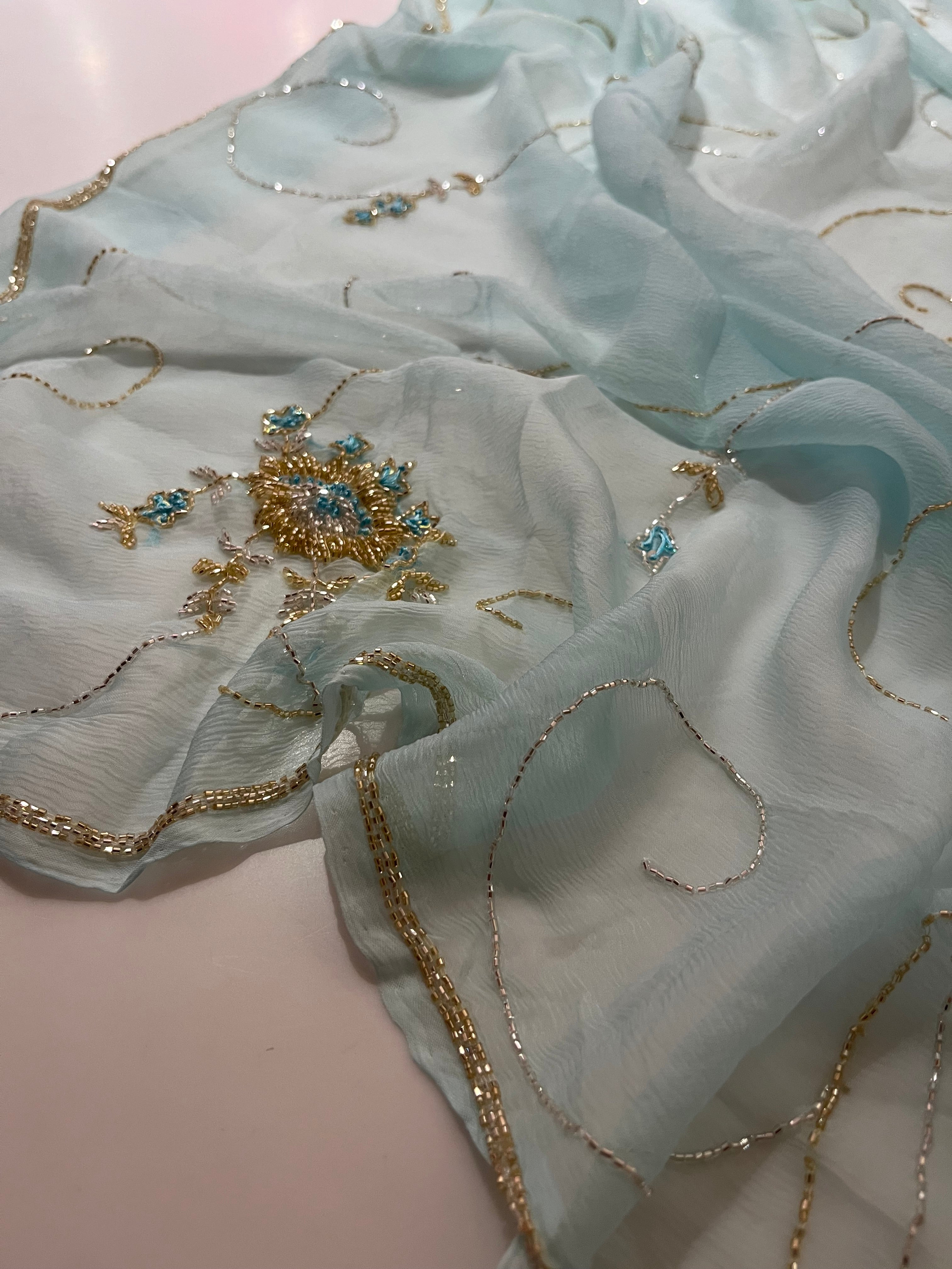 Aqua Blue pure chiffon saree