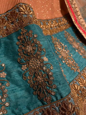 glitter peach and mint blue lehenga set