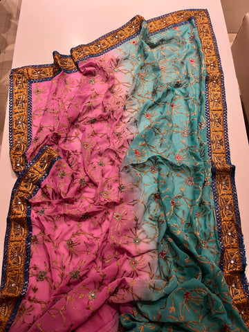 Pink to Blue zari saree