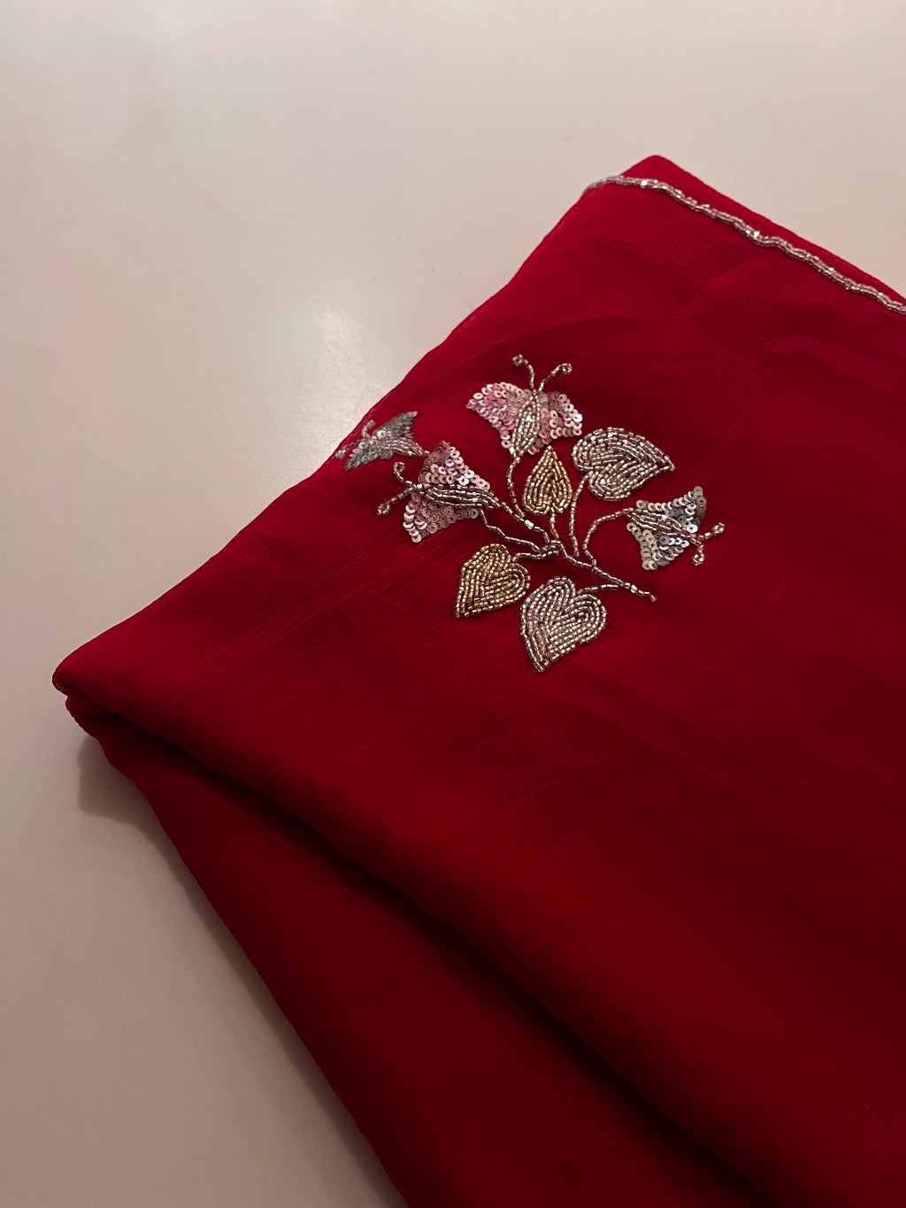 Red Leaf Pure Chiffon Saree
