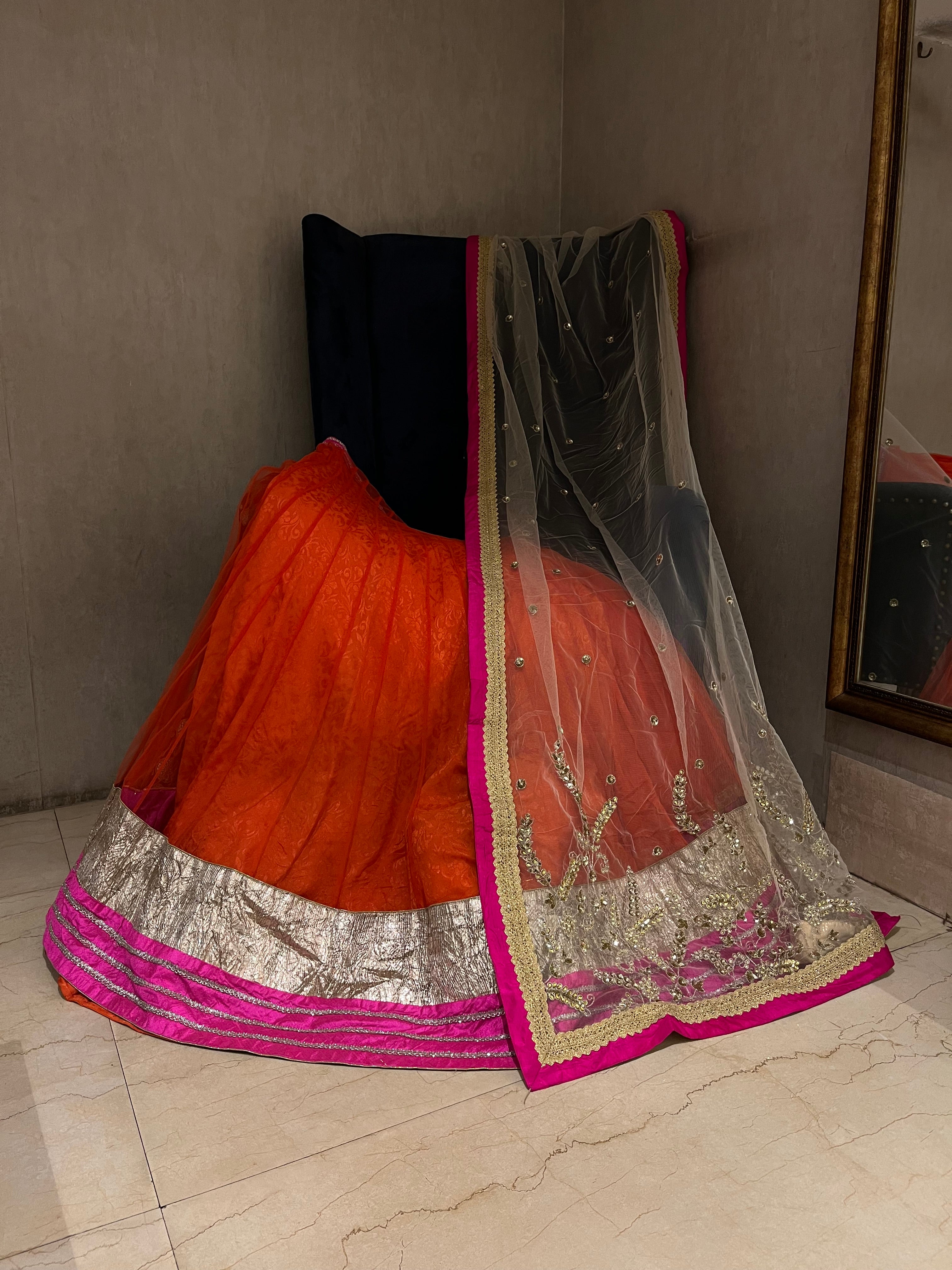 Rust Orange Net Lehenga Set