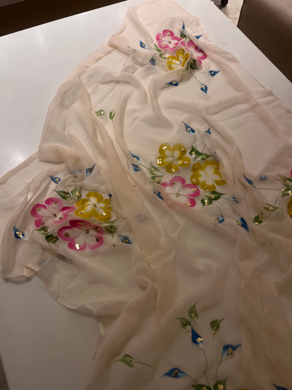 Handpainted Peach flora saree