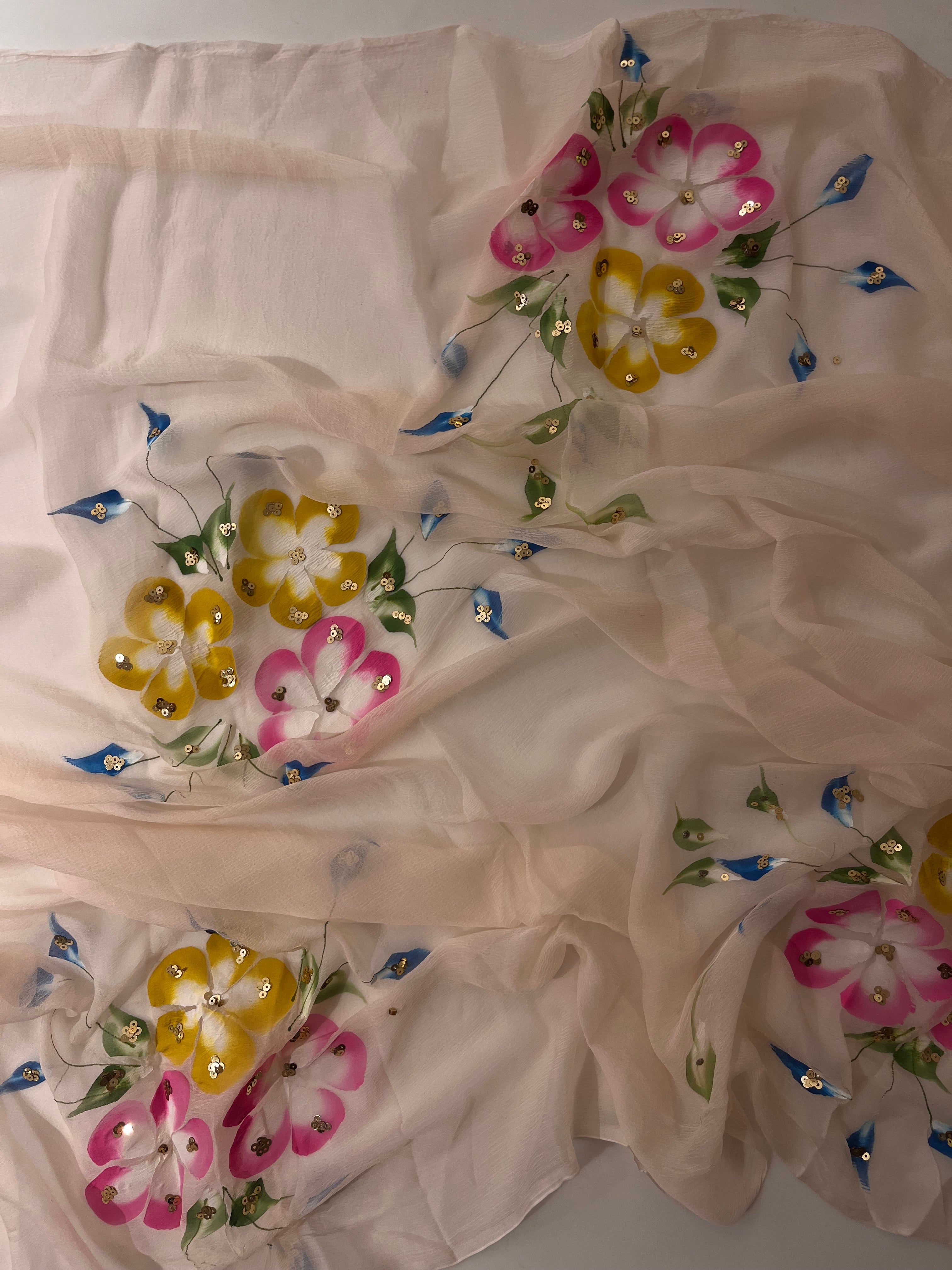 Handpainted Peach flora saree