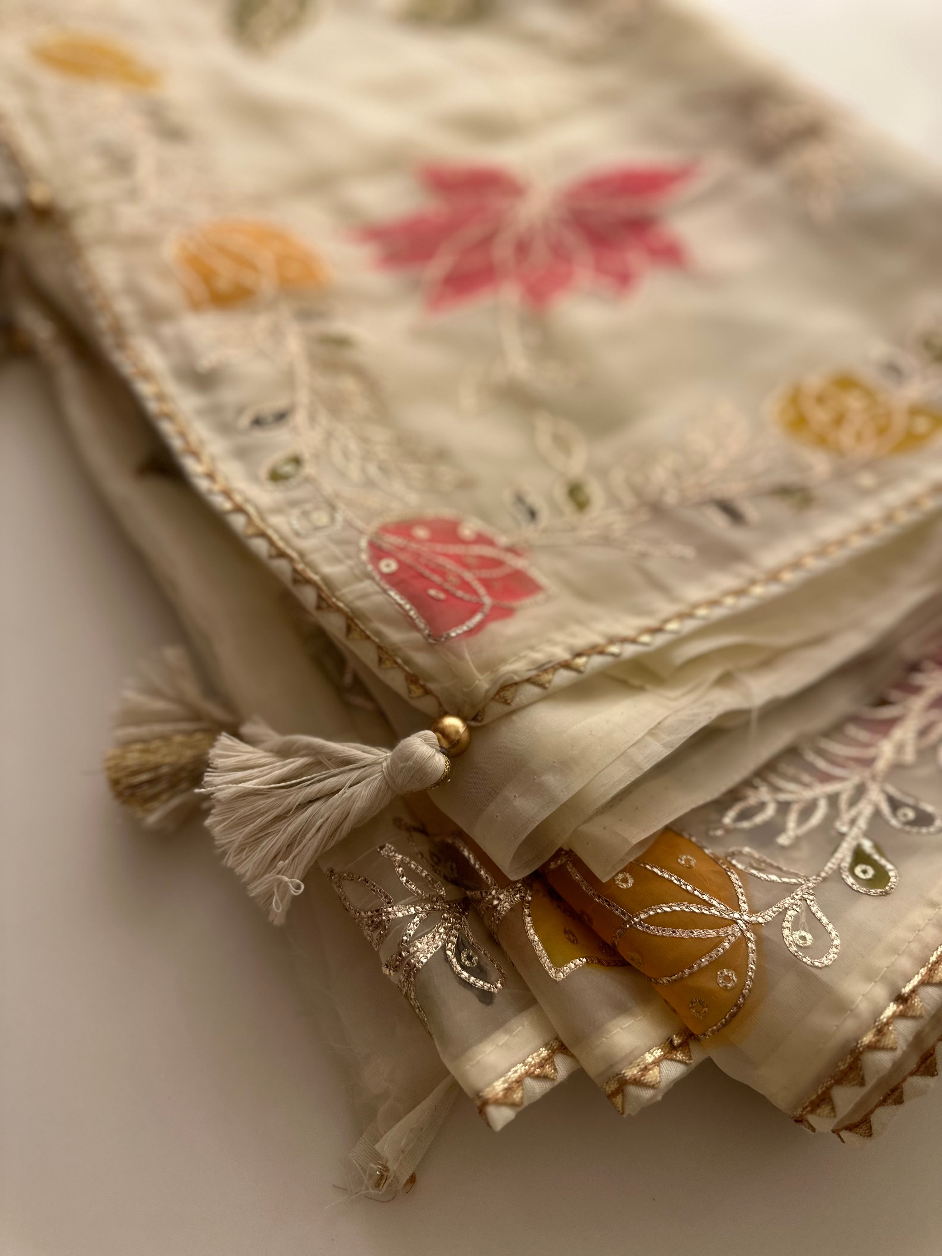 Cream Hand Appliqué Organza saree