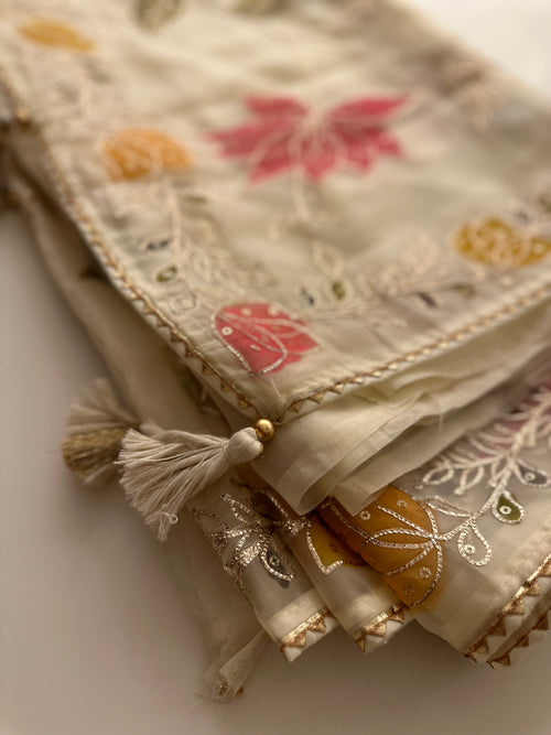 Cream Hand Appliqué Organza saree