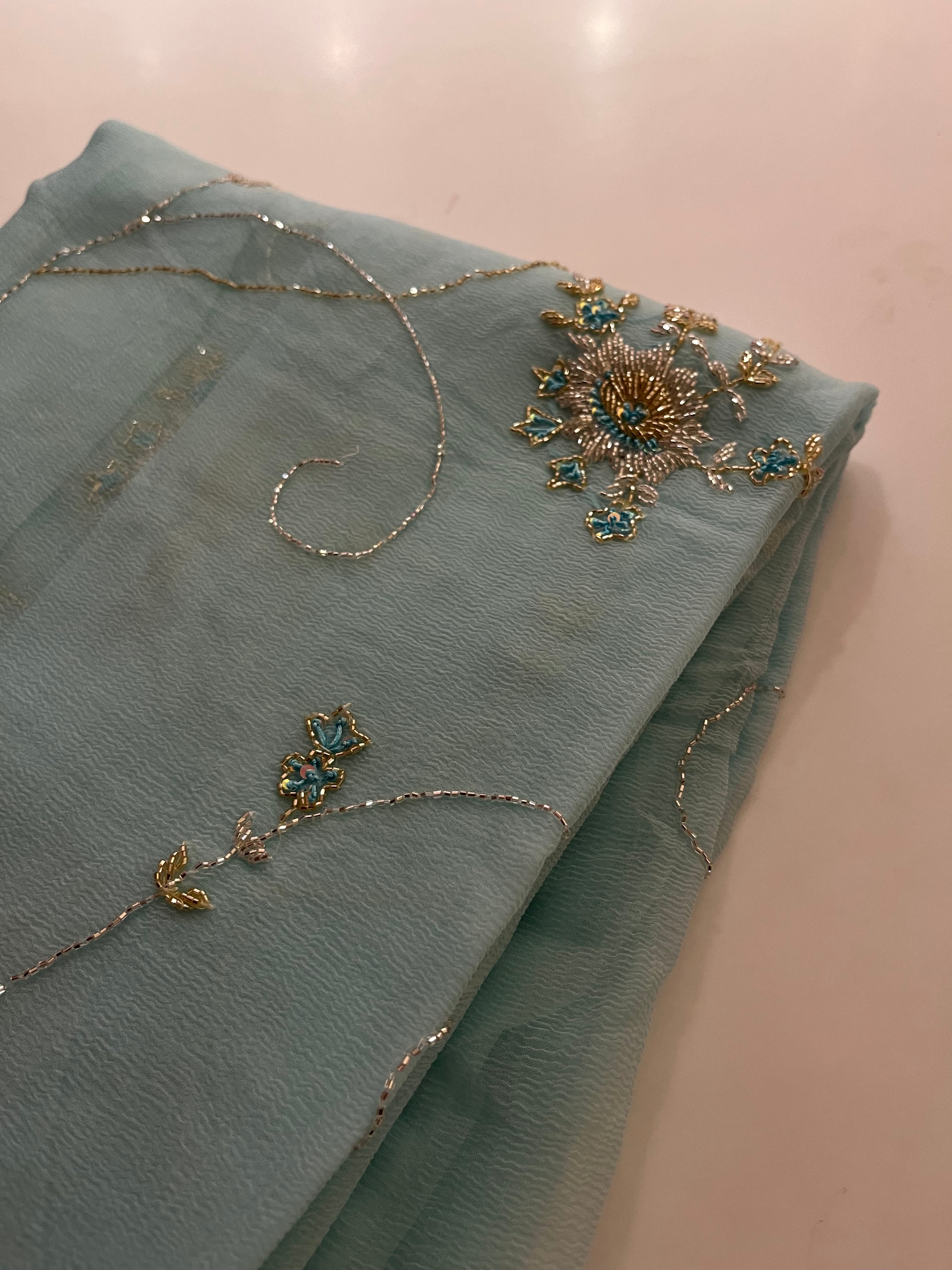 Aqua Blue pure chiffon saree