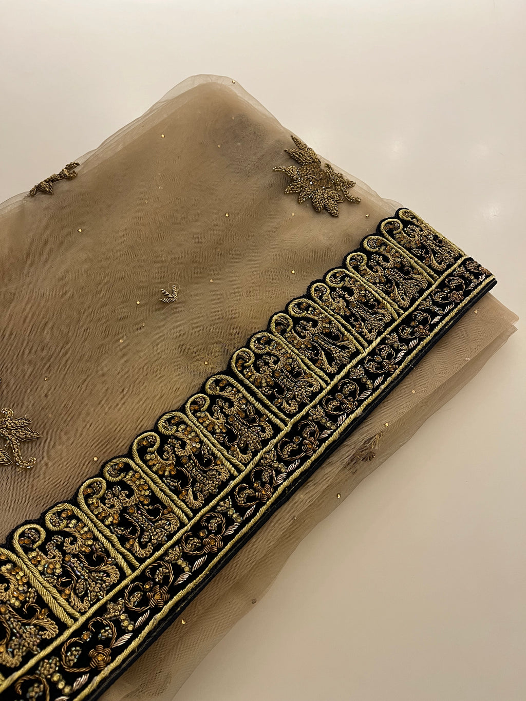 Beige Net & Velvet Saree