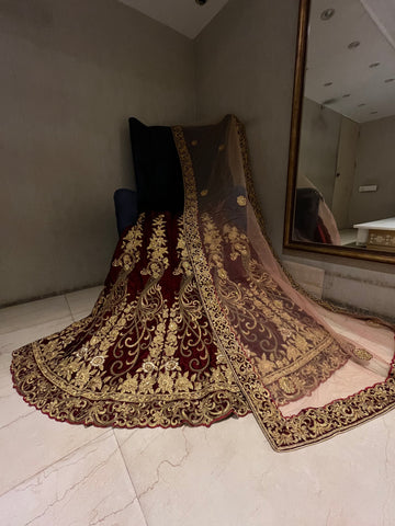 Bridal Mahroon And Golden Lehenga Set