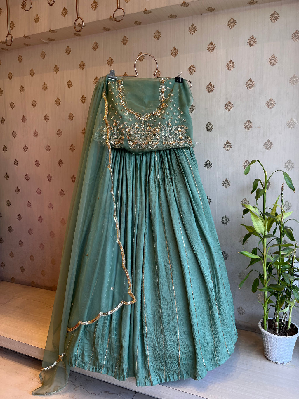 Green crushed lehenga set