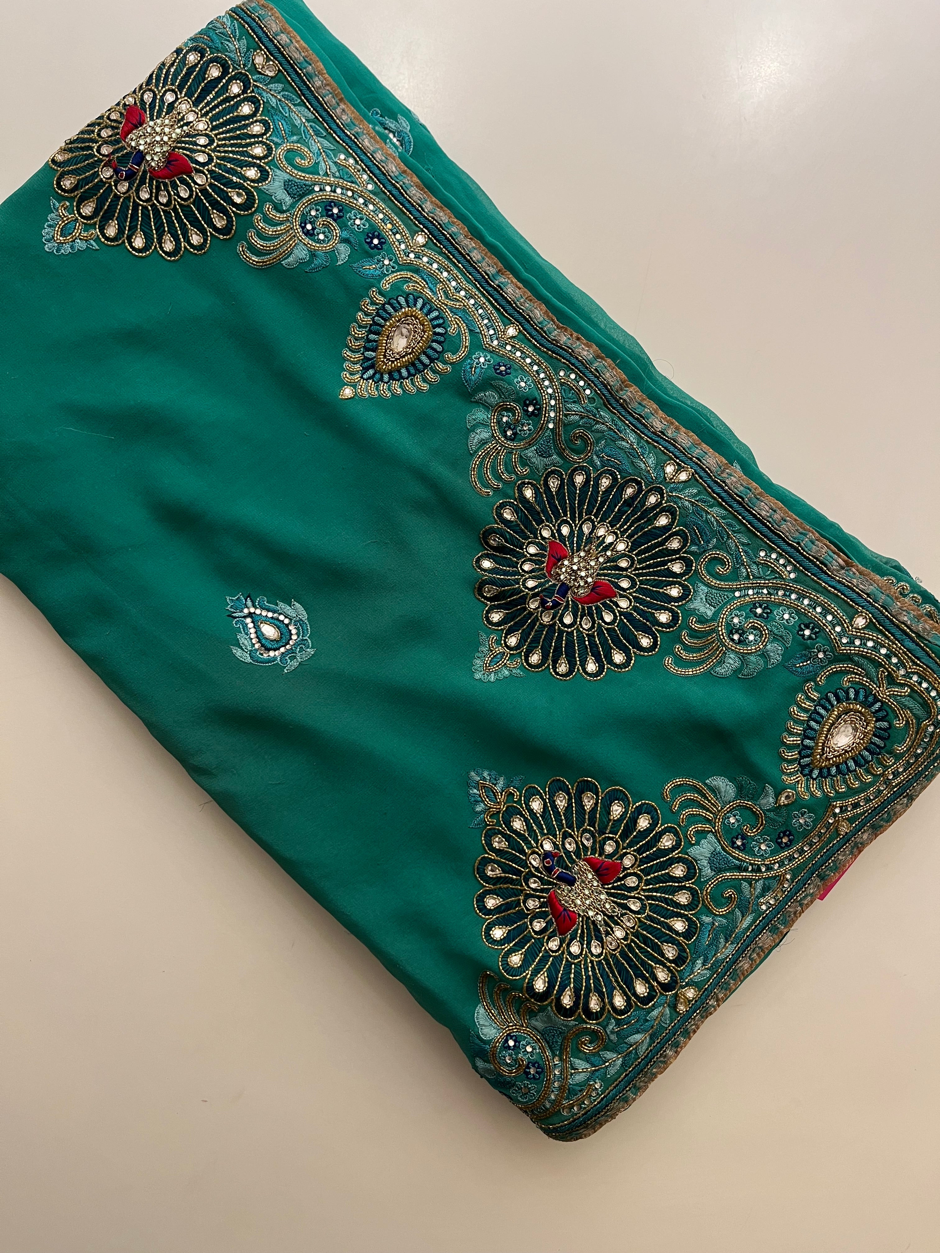 Teal Peacock Saree