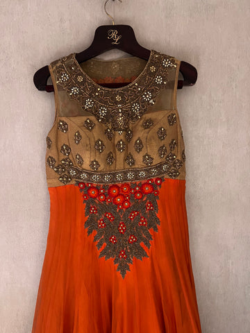 Traditional Orange and golden Indo-western gown