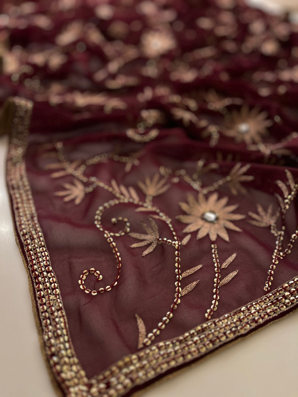 sequins and resham wine saree