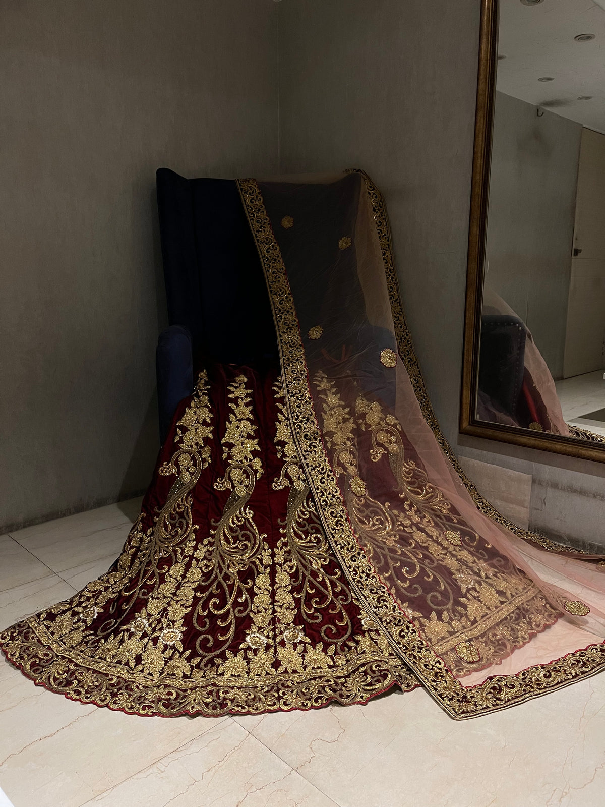 Bridal Mahroon And Golden Lehenga Set