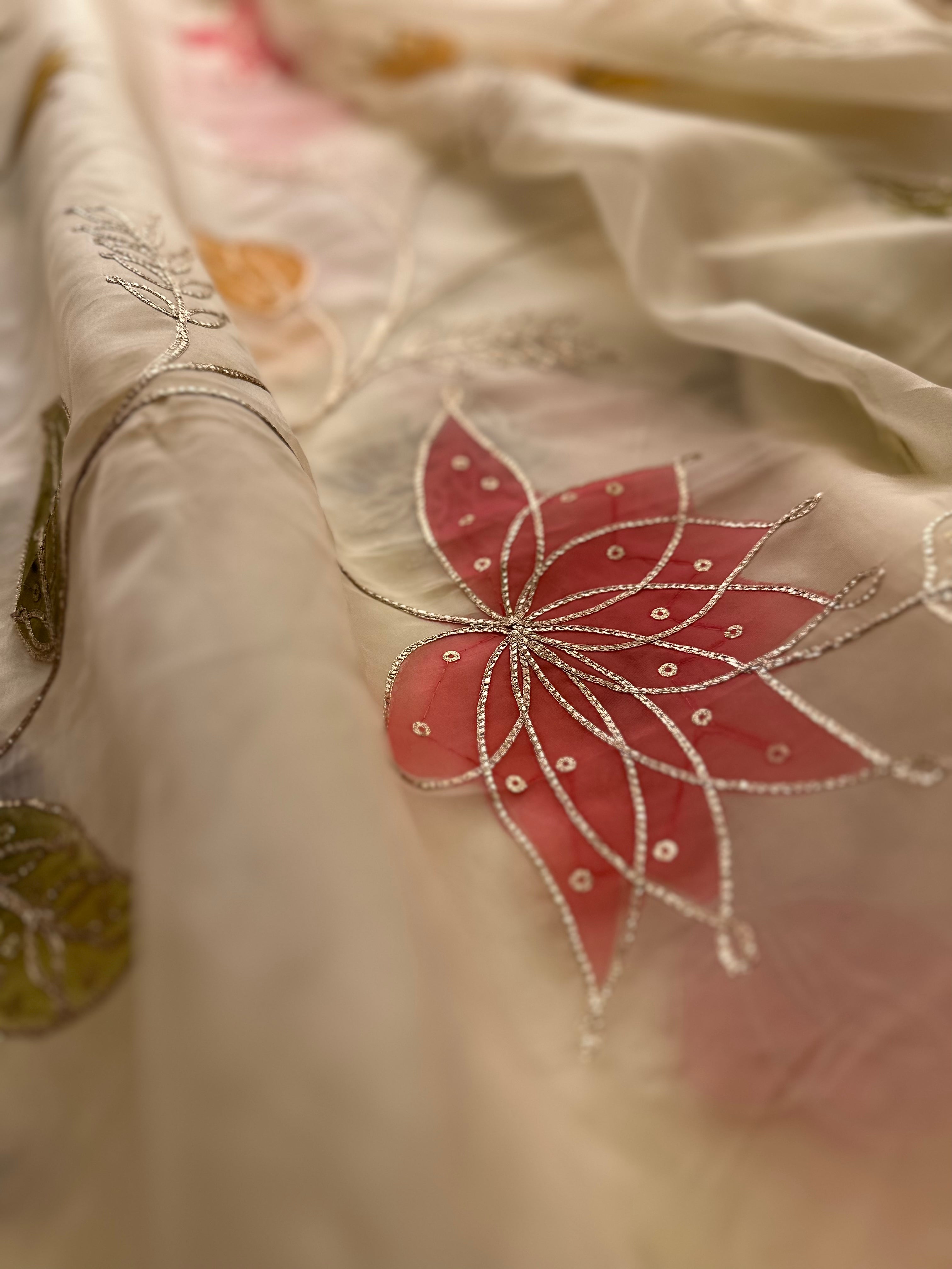 Cream Hand Appliqué Organza saree