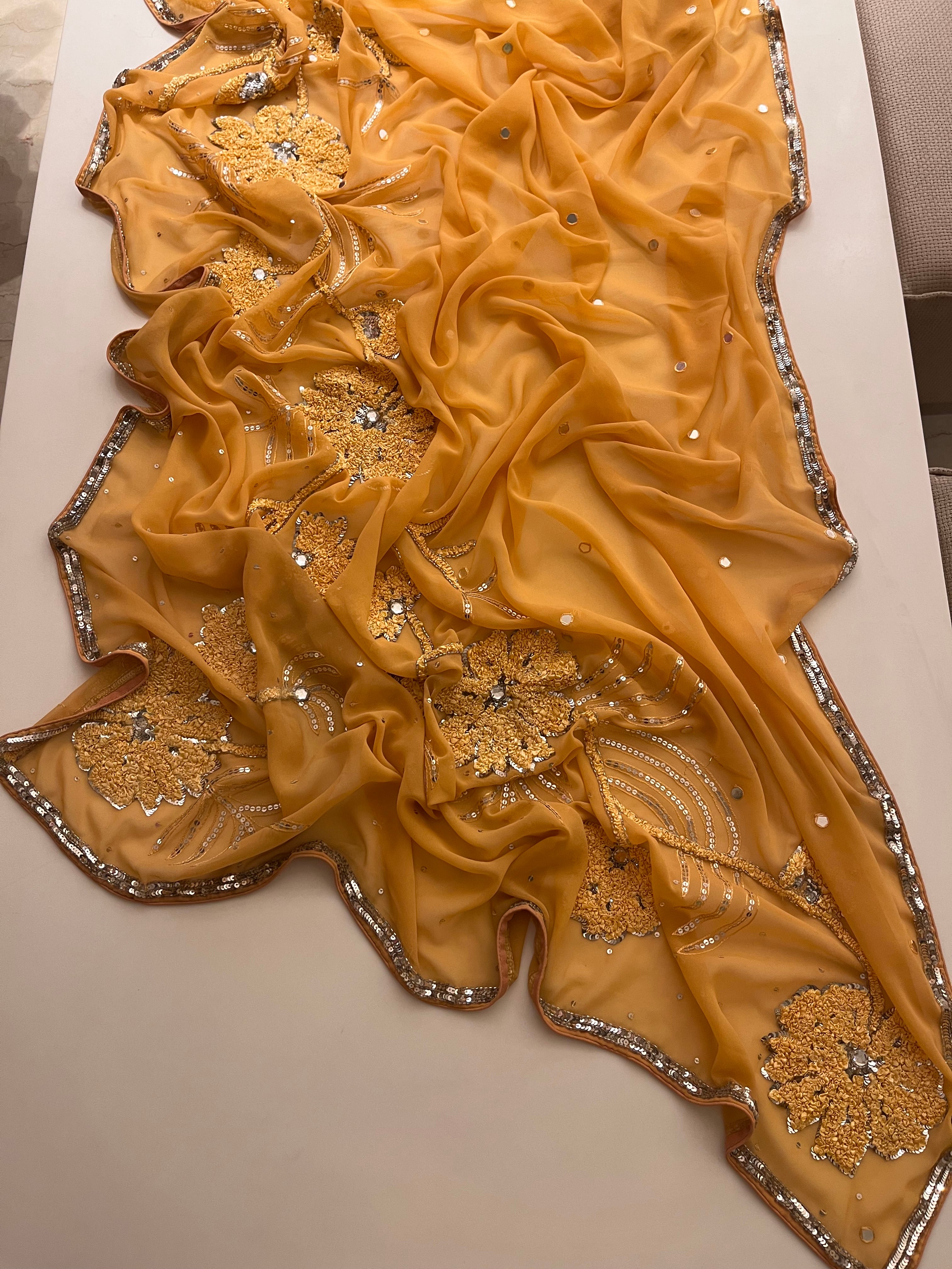 yellow flower georgette saree