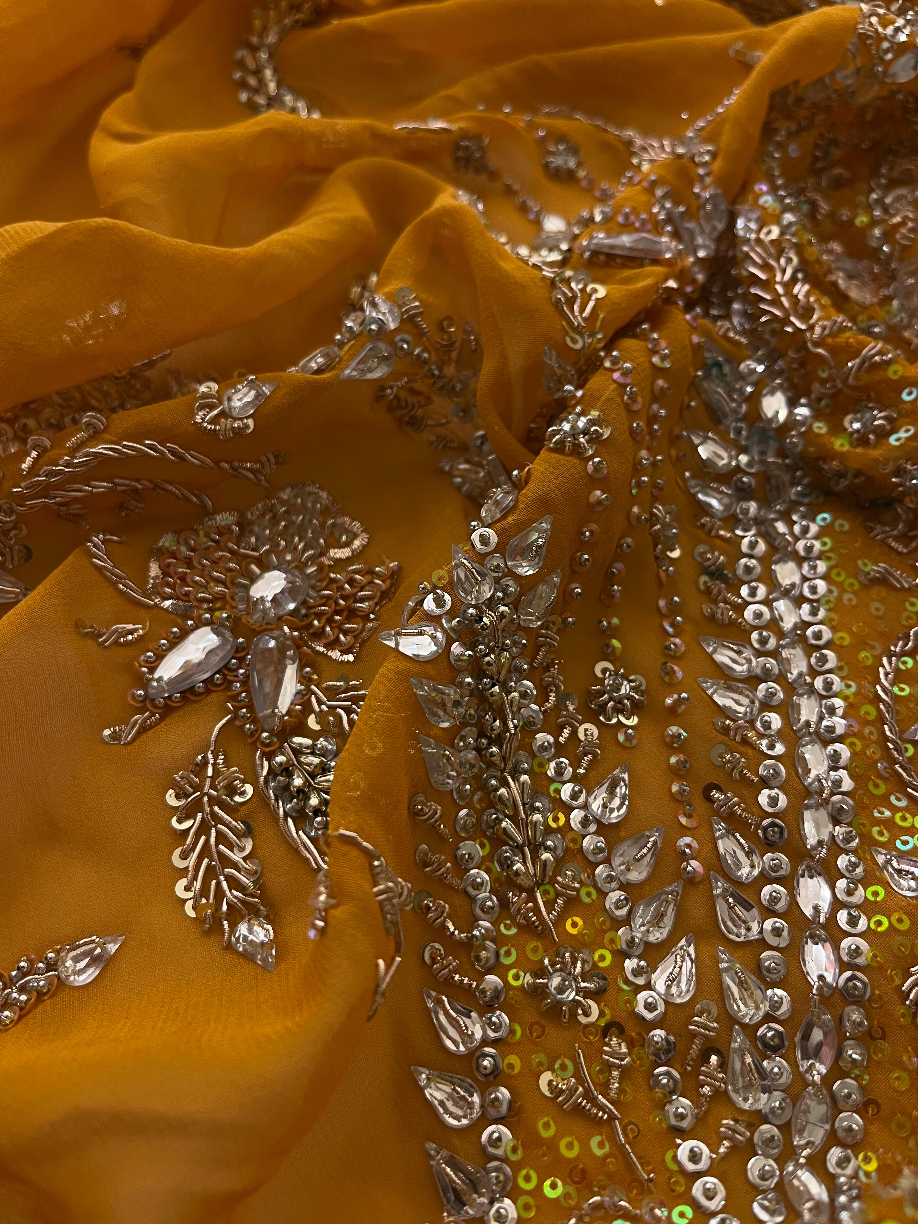 mustard yellow stone saree
