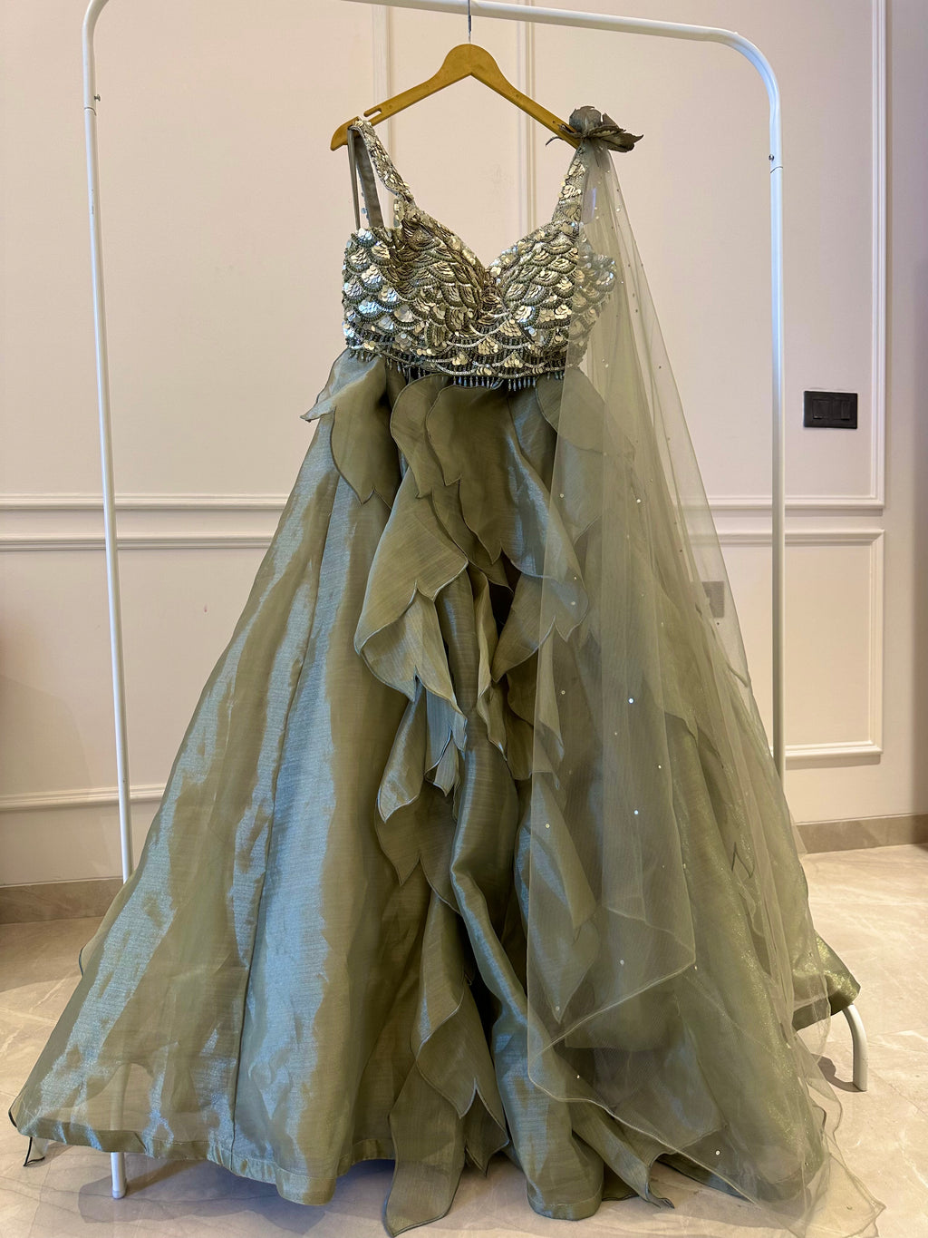 French Laser cut Organza Lehenga