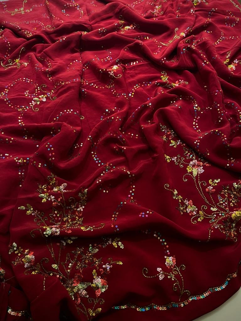 Cherry Red Pure georgette saree