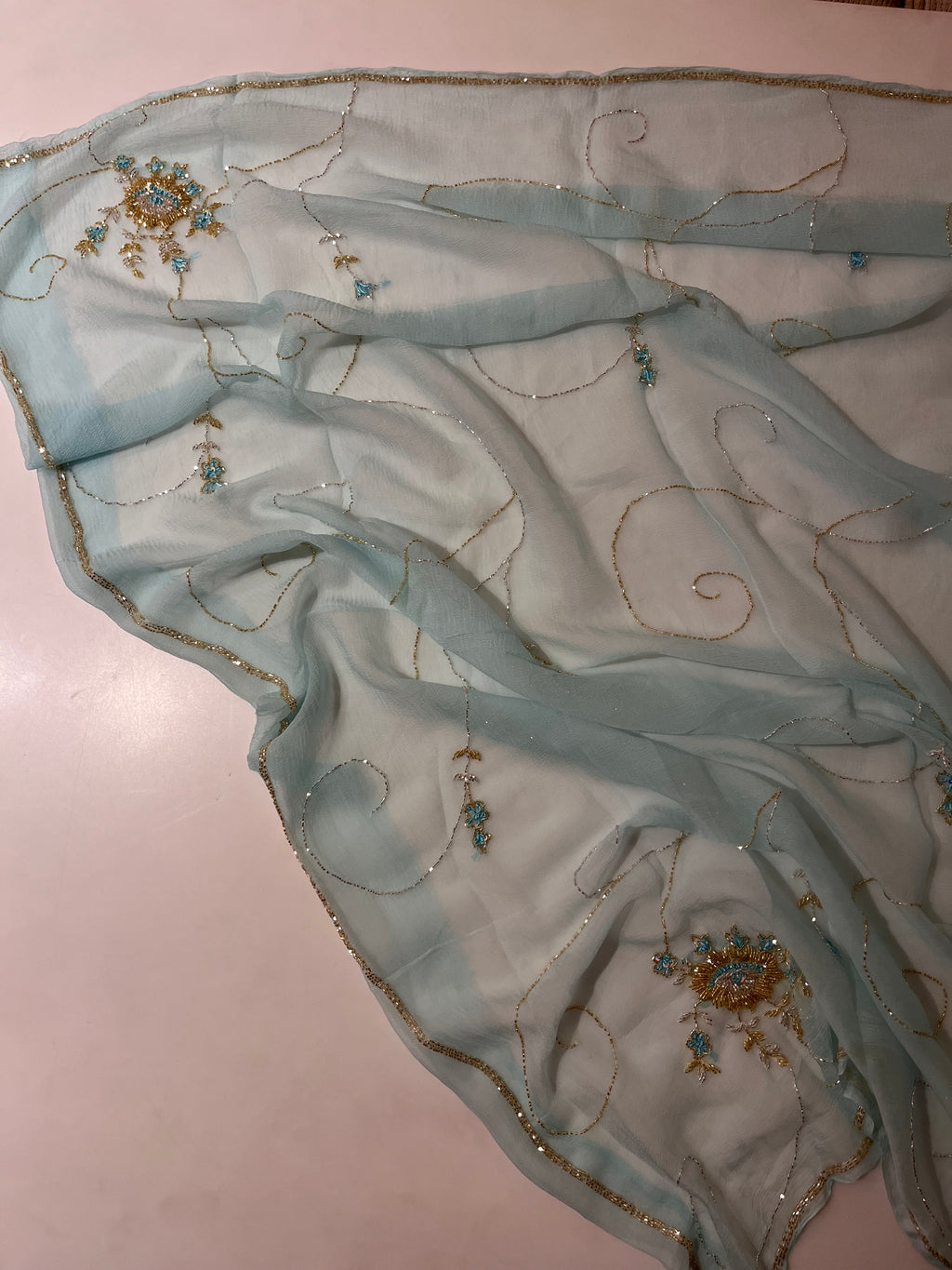 Aqua Blue pure chiffon saree