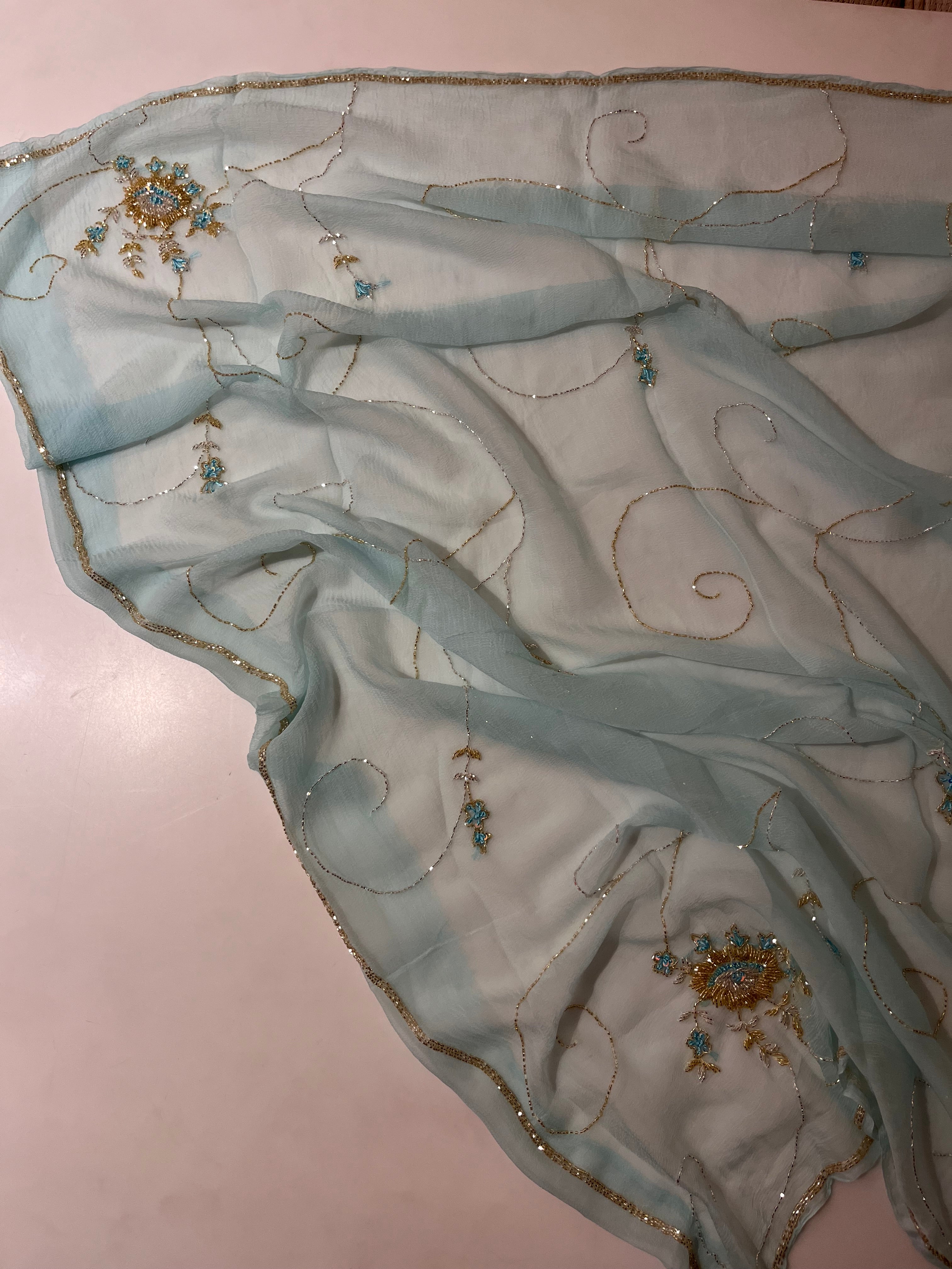 Aqua Blue pure chiffon saree