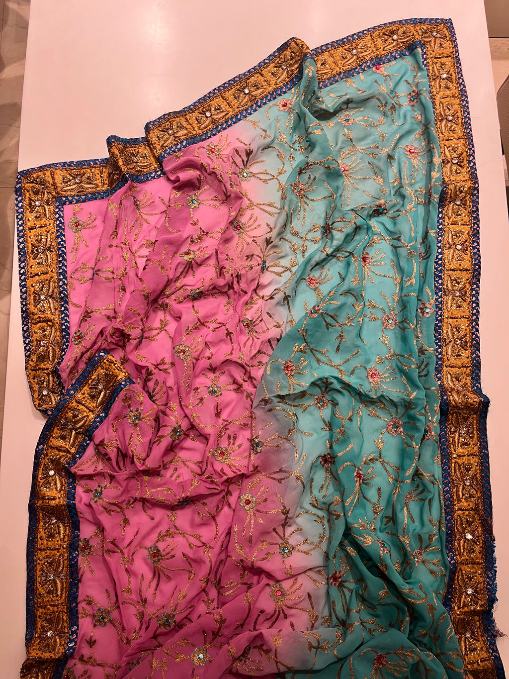 Pink to Blue zari saree