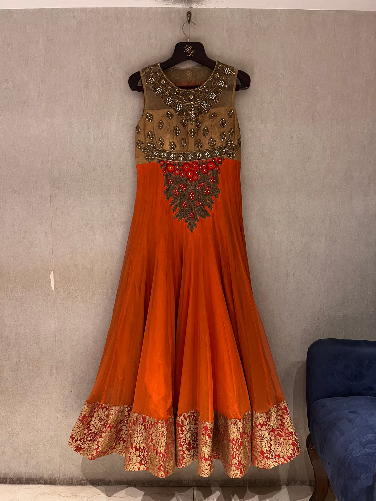 Traditional Orange and golden Indo-western gown