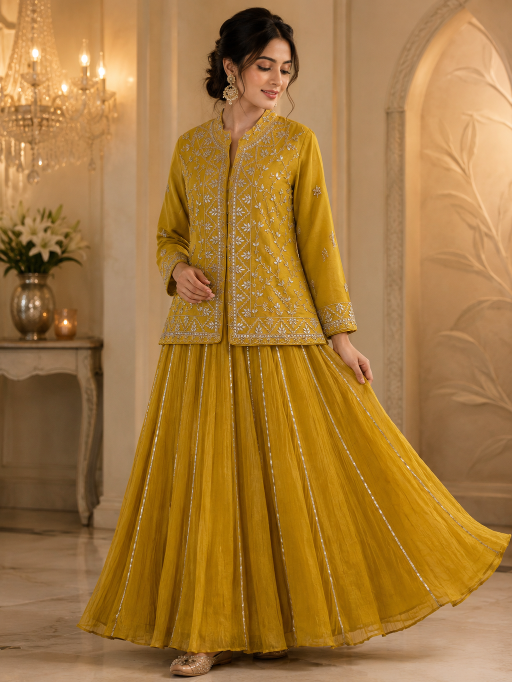 Yellow Indo western lehenga