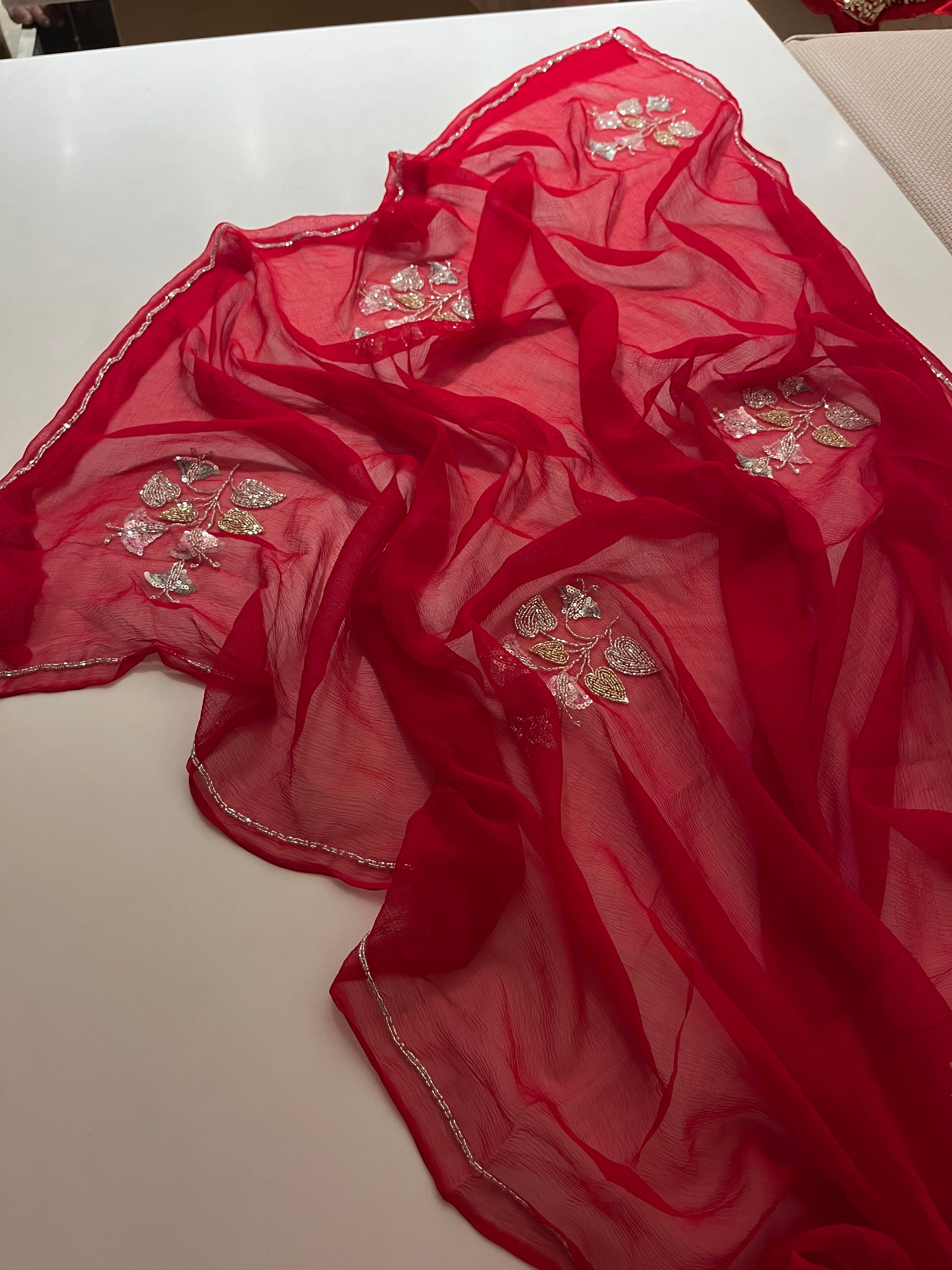Red Leaf Pure Chiffon Saree