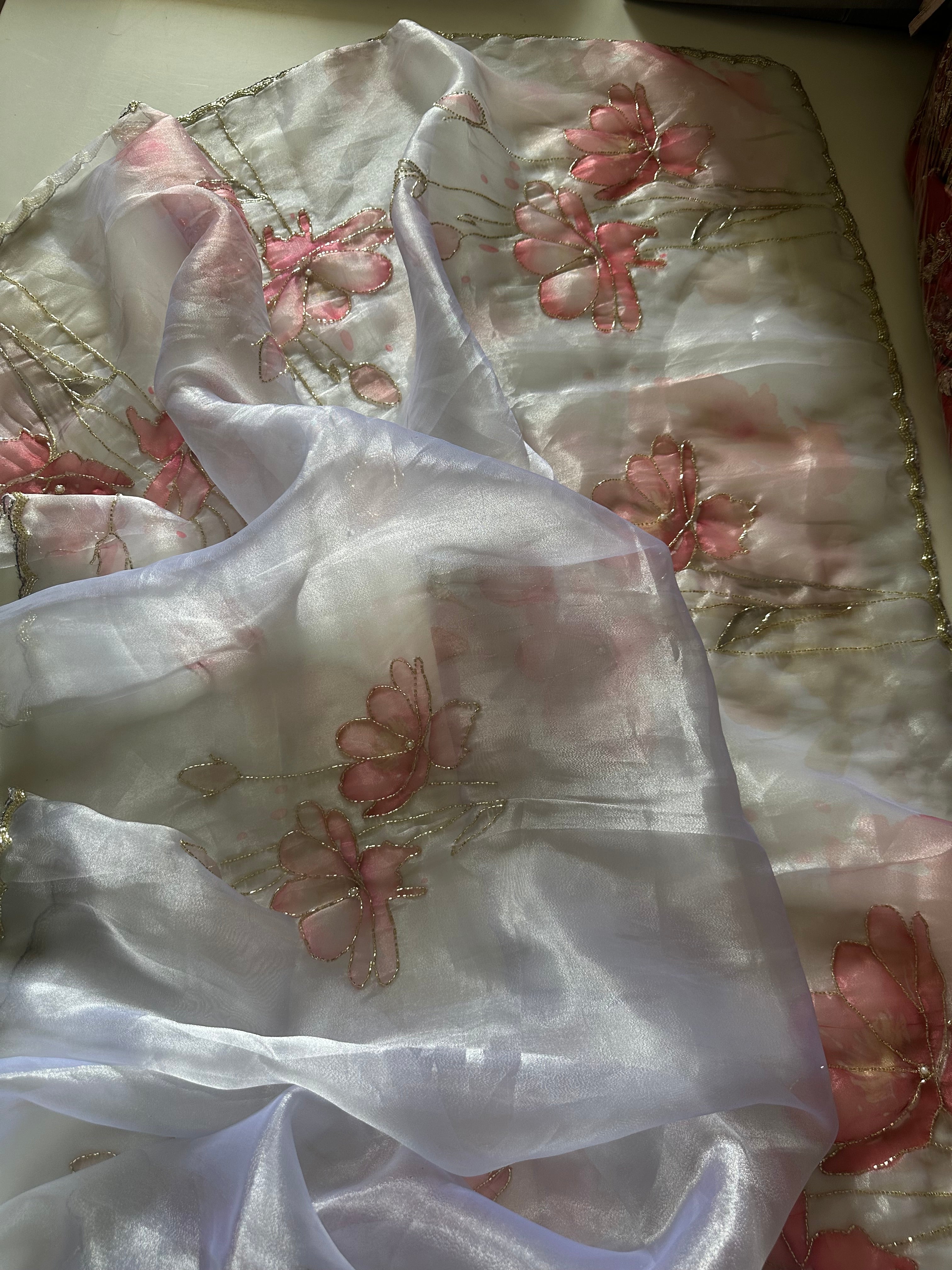 Madhuban Floral Organza Ice Blue Saree
