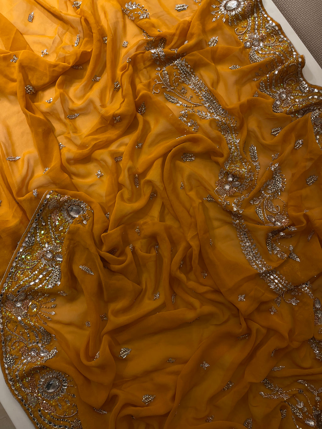 mustard yellow stone saree