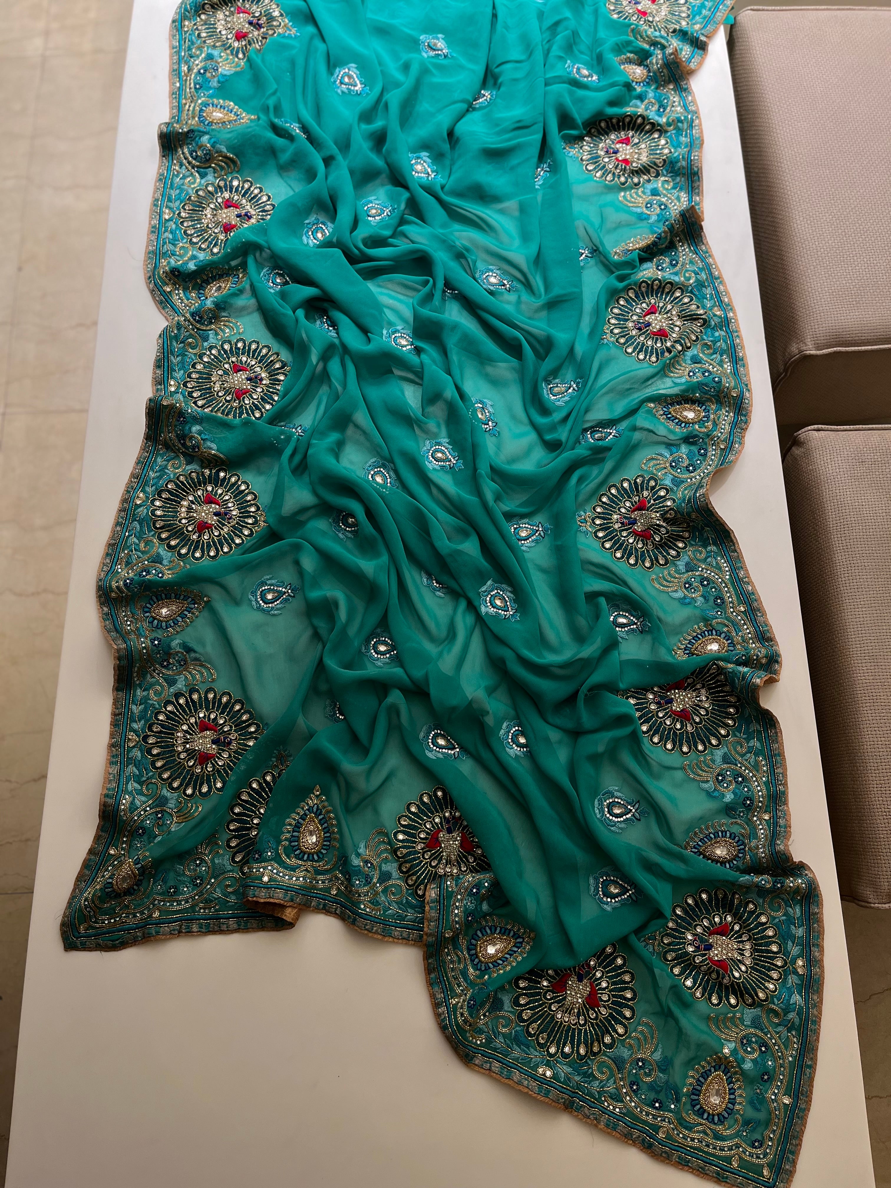 Teal Peacock Saree