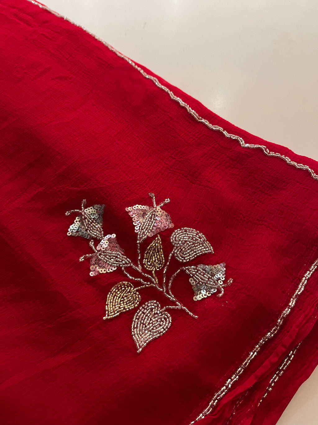 Red Leaf Pure Chiffon Saree