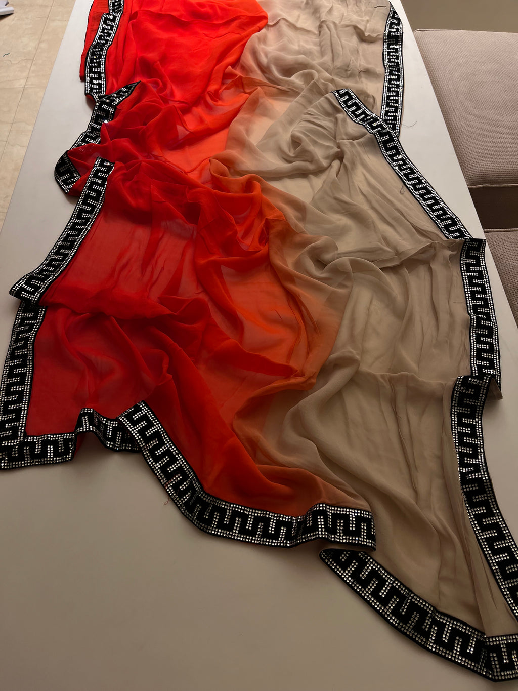 sunset ombré satin crape saree