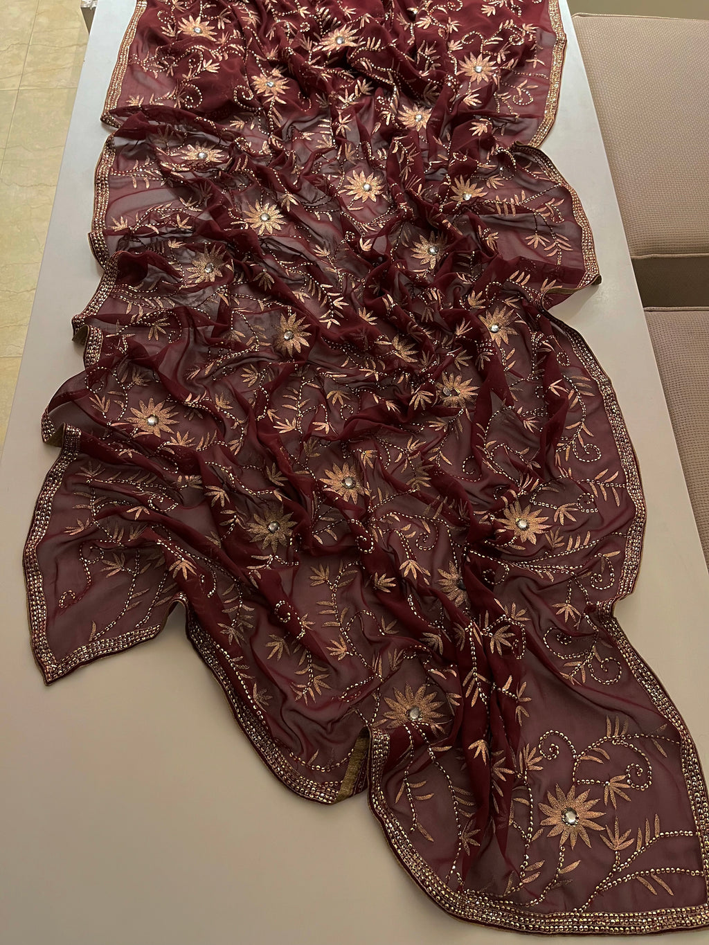 sequins and resham wine saree
