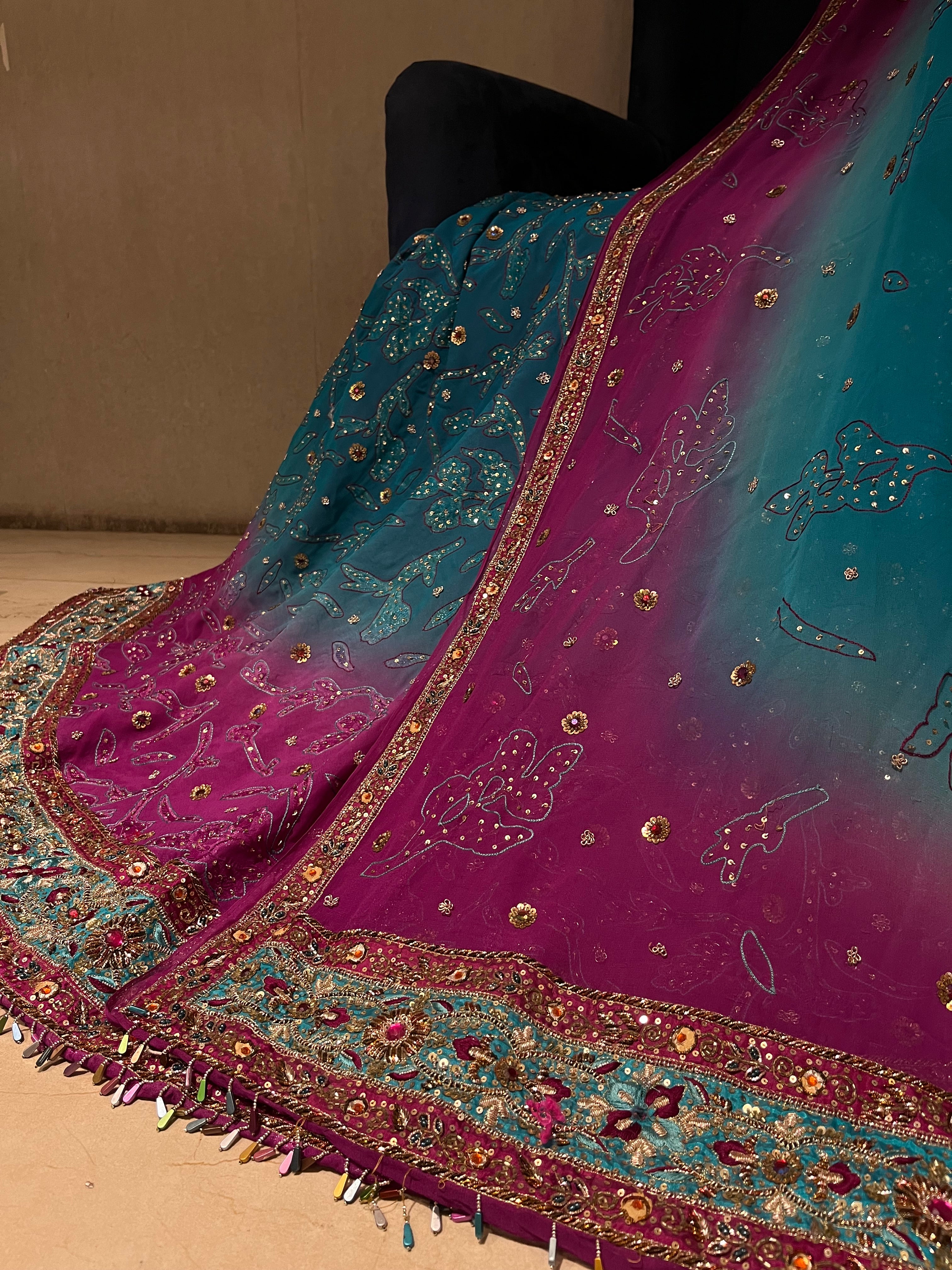 Firozi & Pink Ombré Georgette Lehenga