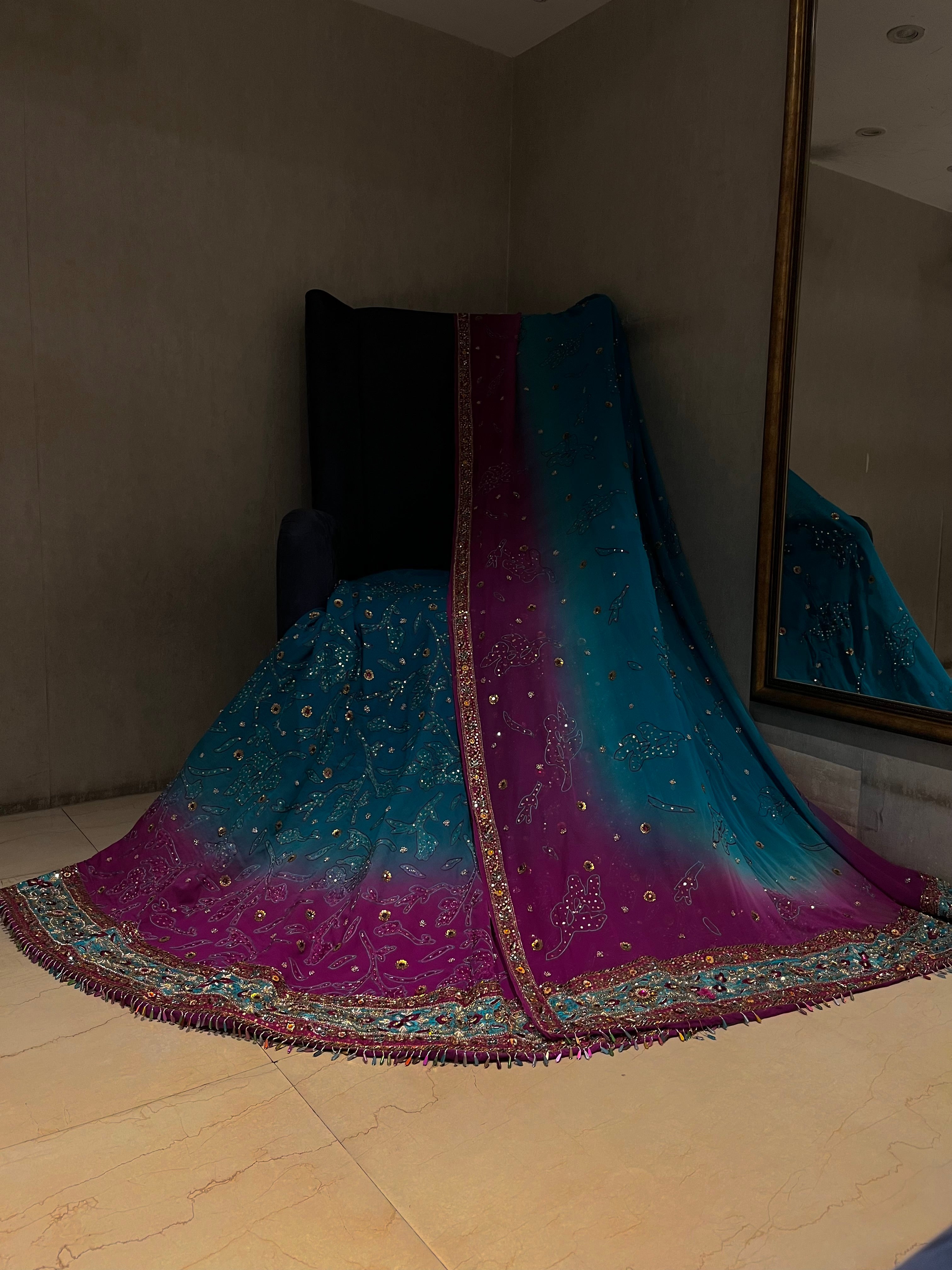 Firozi & Pink Ombré Georgette Lehenga