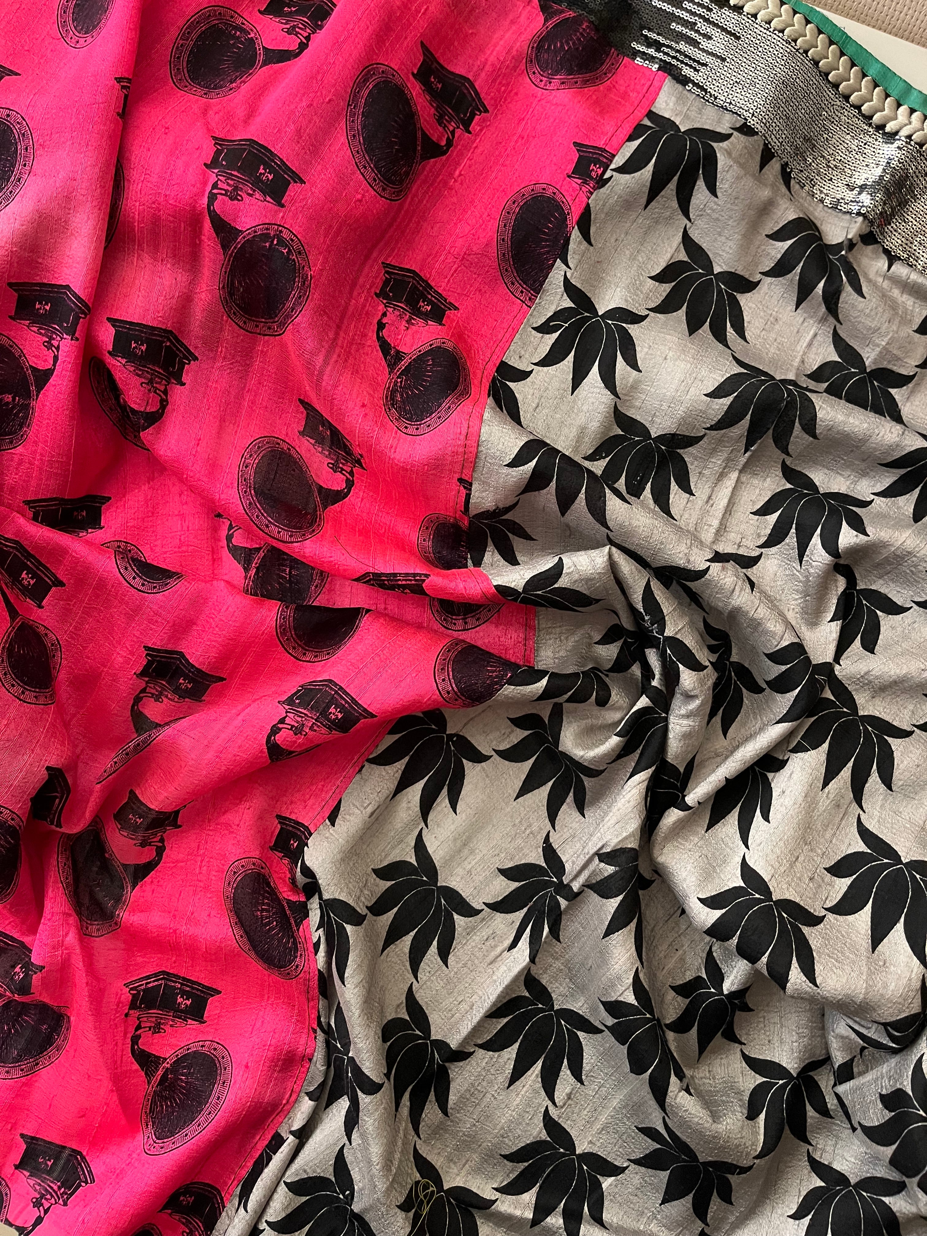 Hot pink silk modern print half half saree
