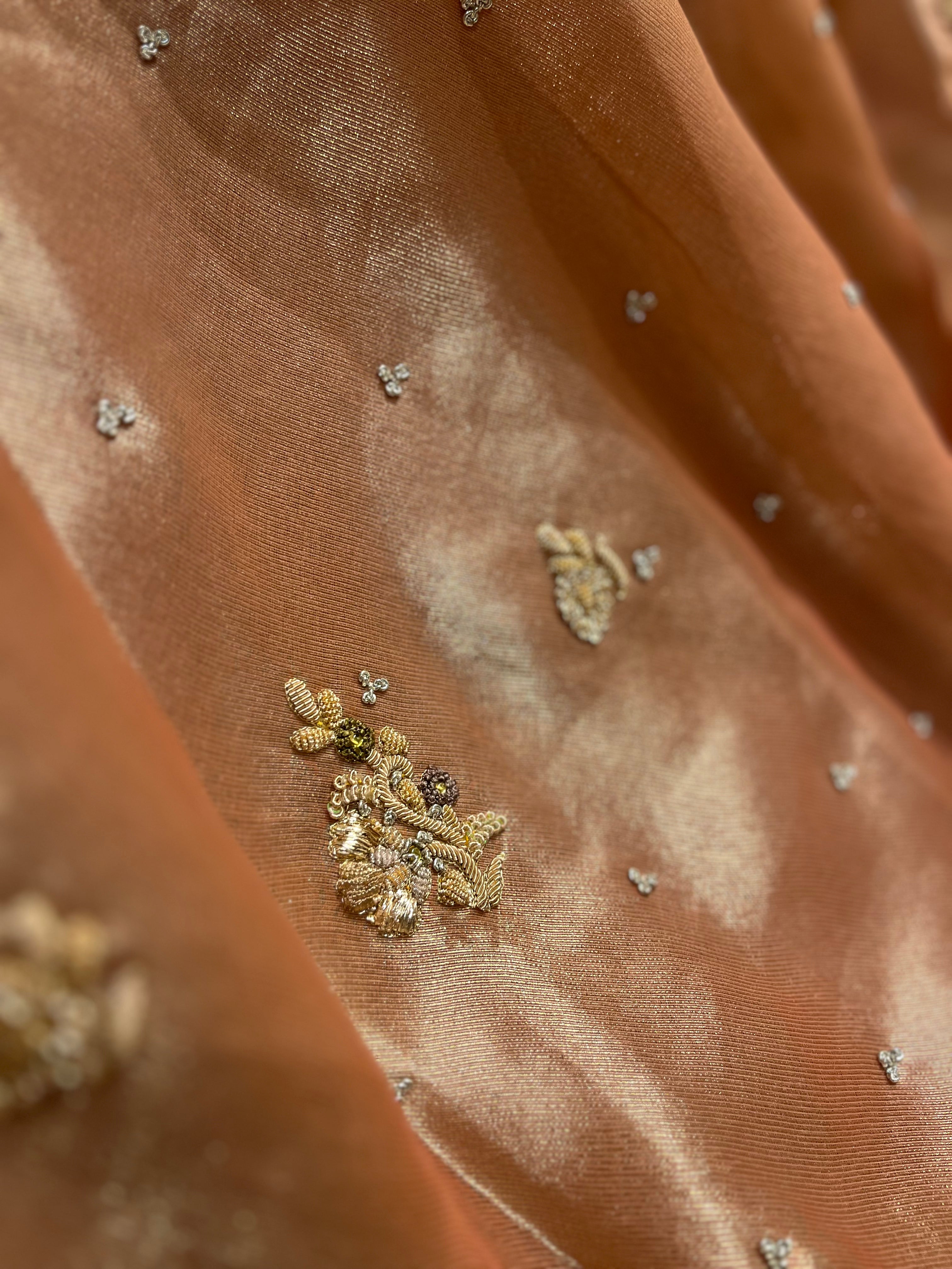 Antique zardosi Peachish Gold Lehenga
