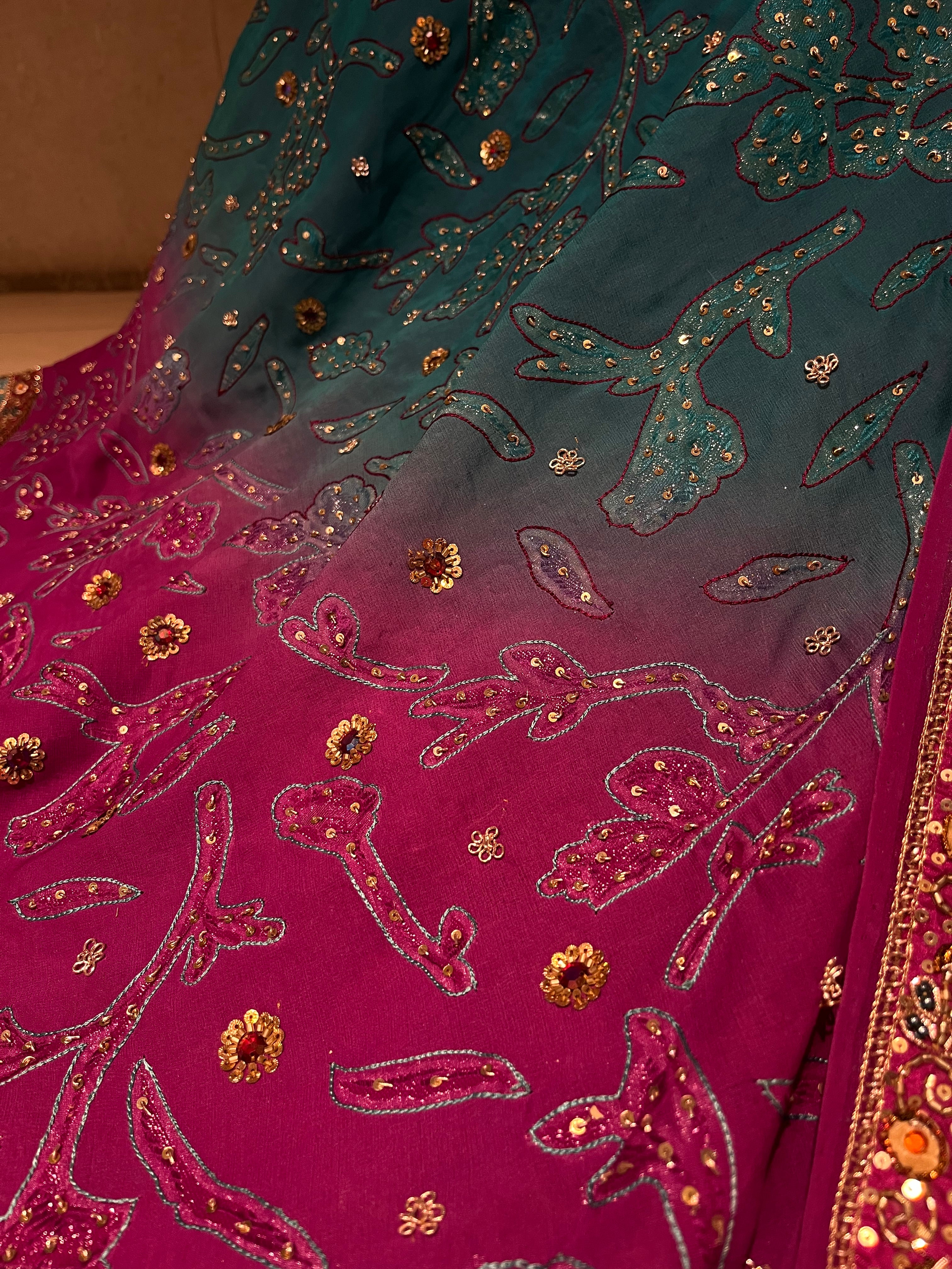 Firozi & Pink Ombré Georgette Lehenga