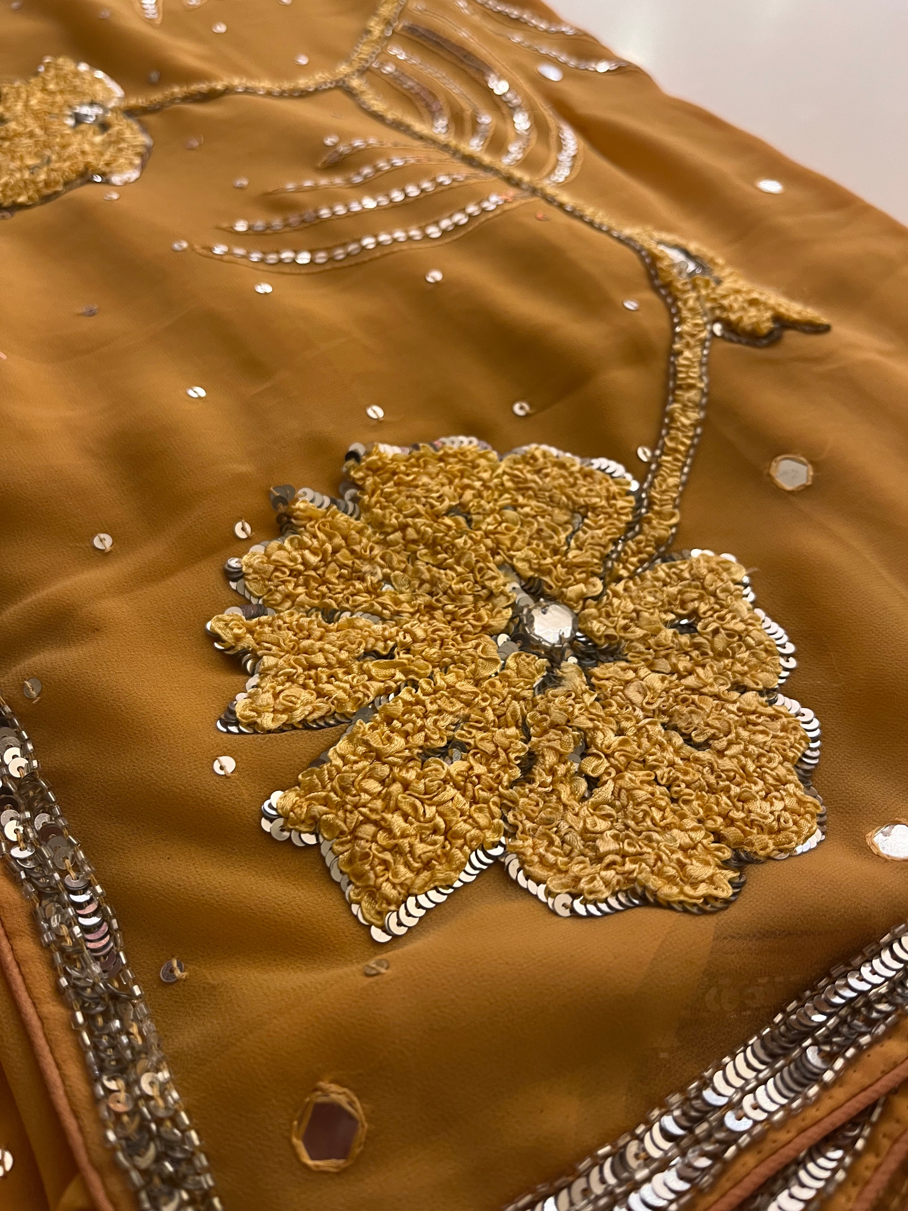 yellow flower georgette saree