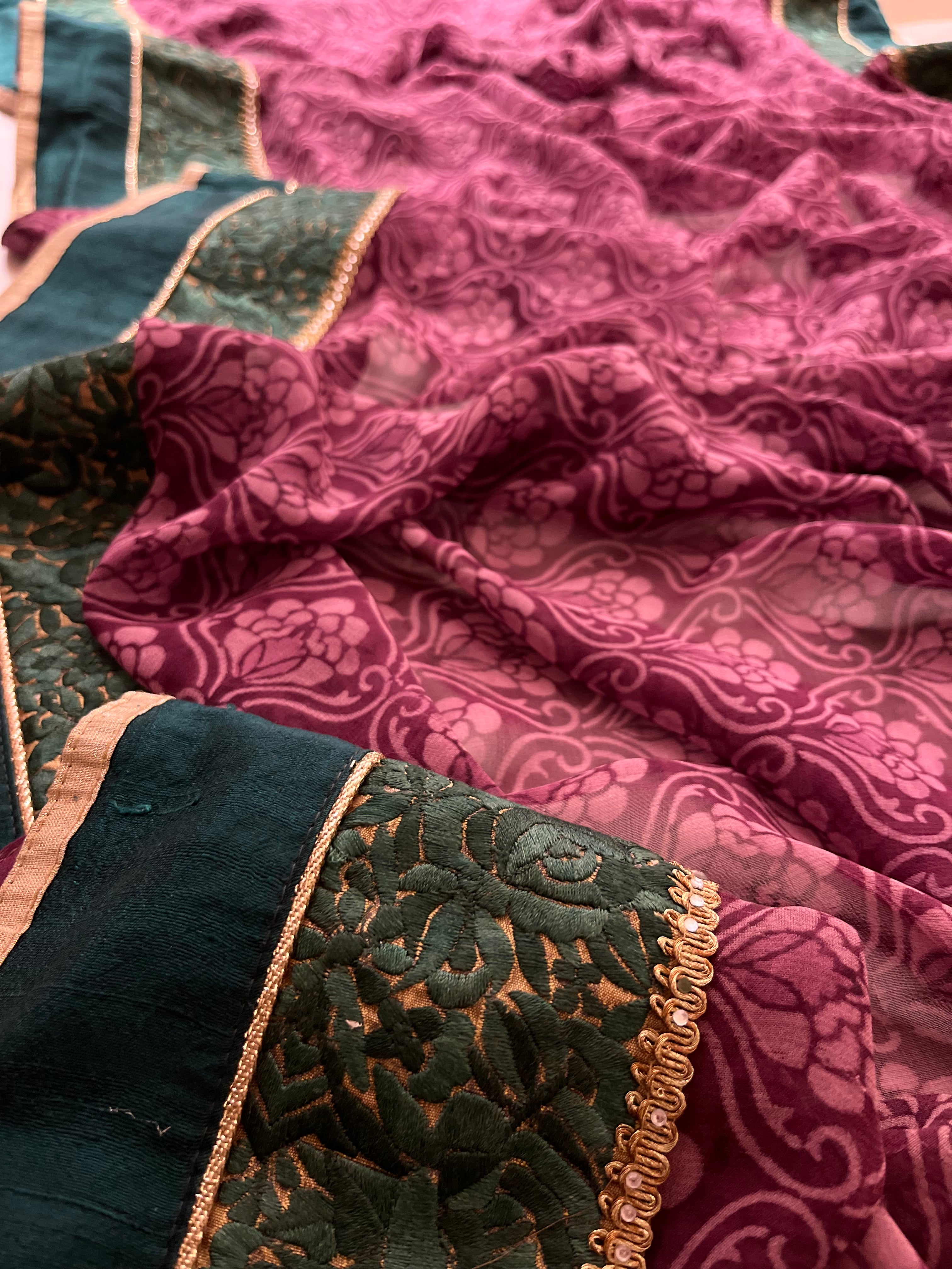 wine and green printed saree