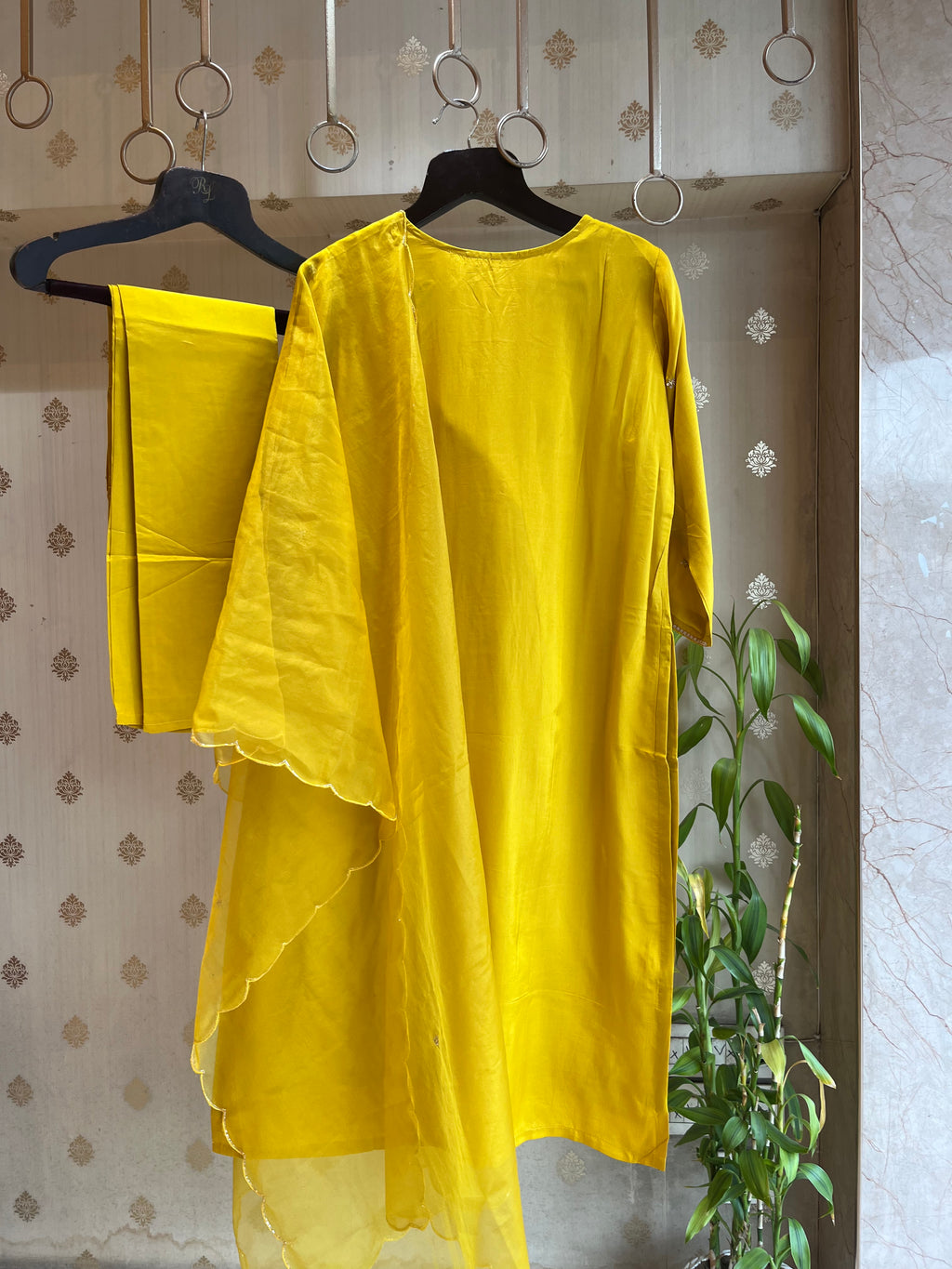 Mustard Yellow Silk Straight Suit Set