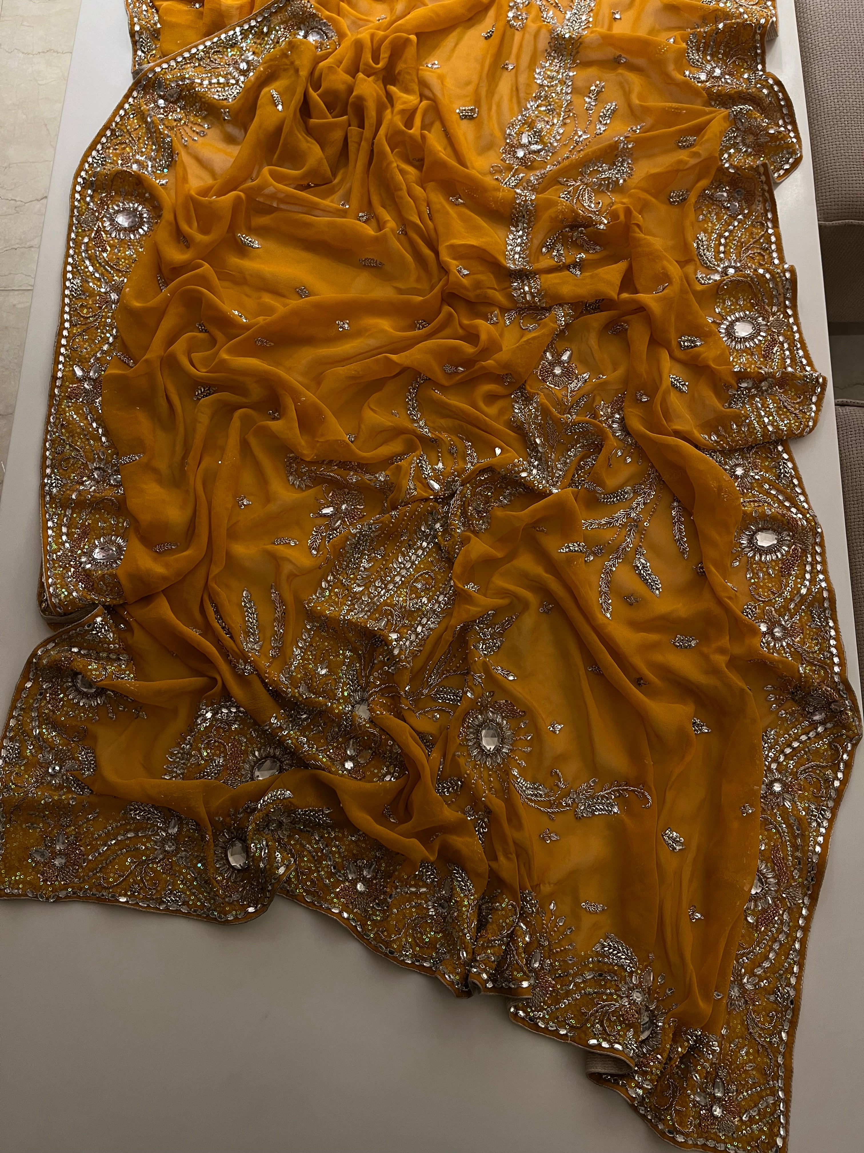 mustard yellow stone saree