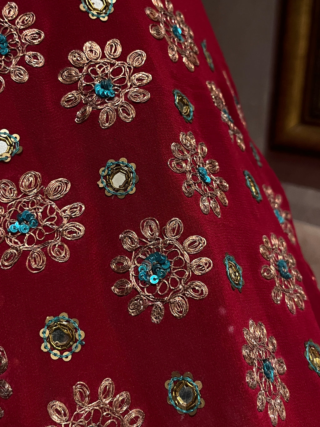 Deep Red Mirror work lehenga set